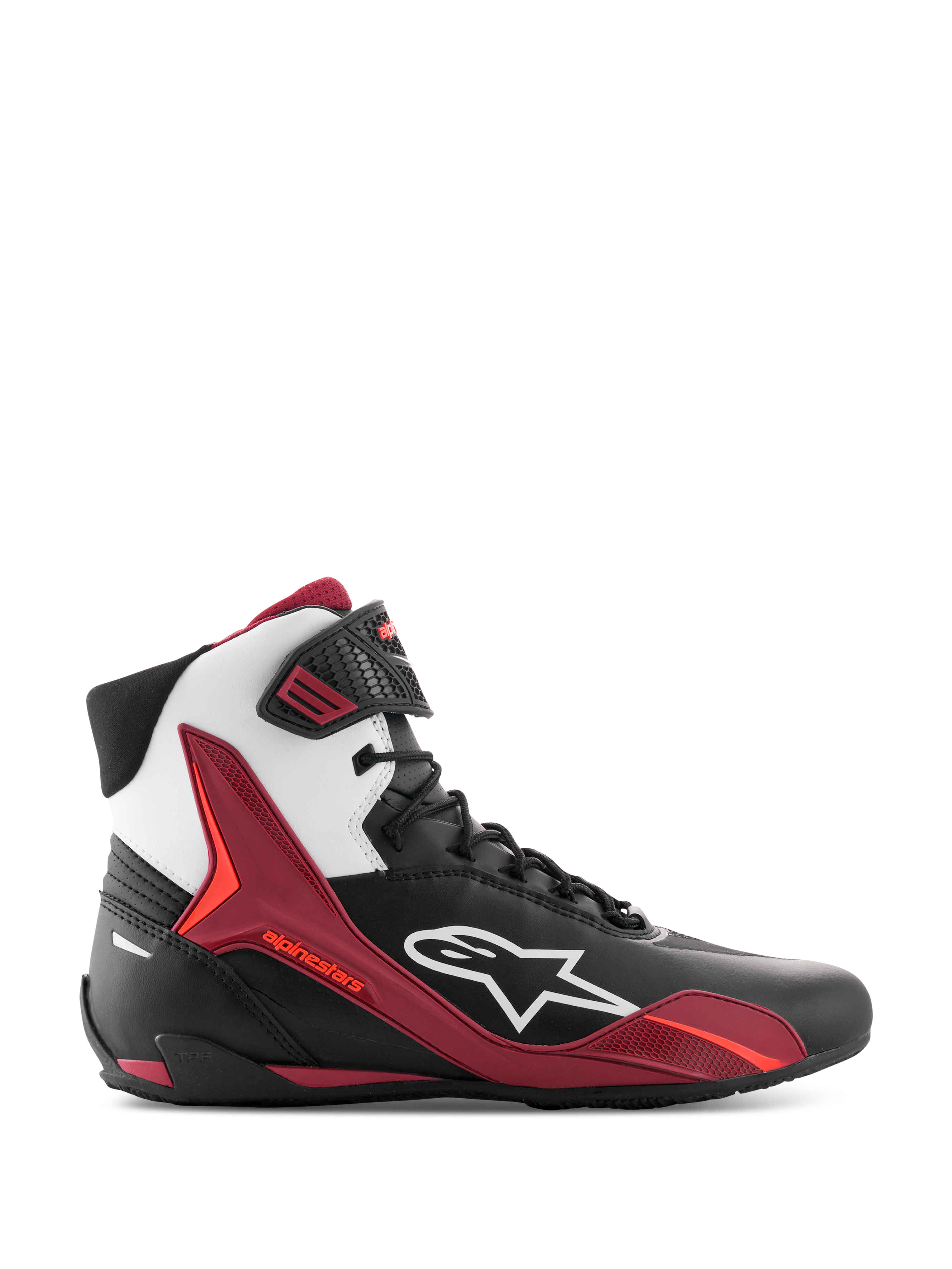 Sapatos Alpinestars Faster-4, sapatos de motociclismo de cano alto, pretos, brancos e vermelho escuro, vista de perfil lateral com logótipo Alpinestars branco e painéis de suporte em TPU vermelho, design com atacadores, estilo desportivo de competição, construção em microfibra durável