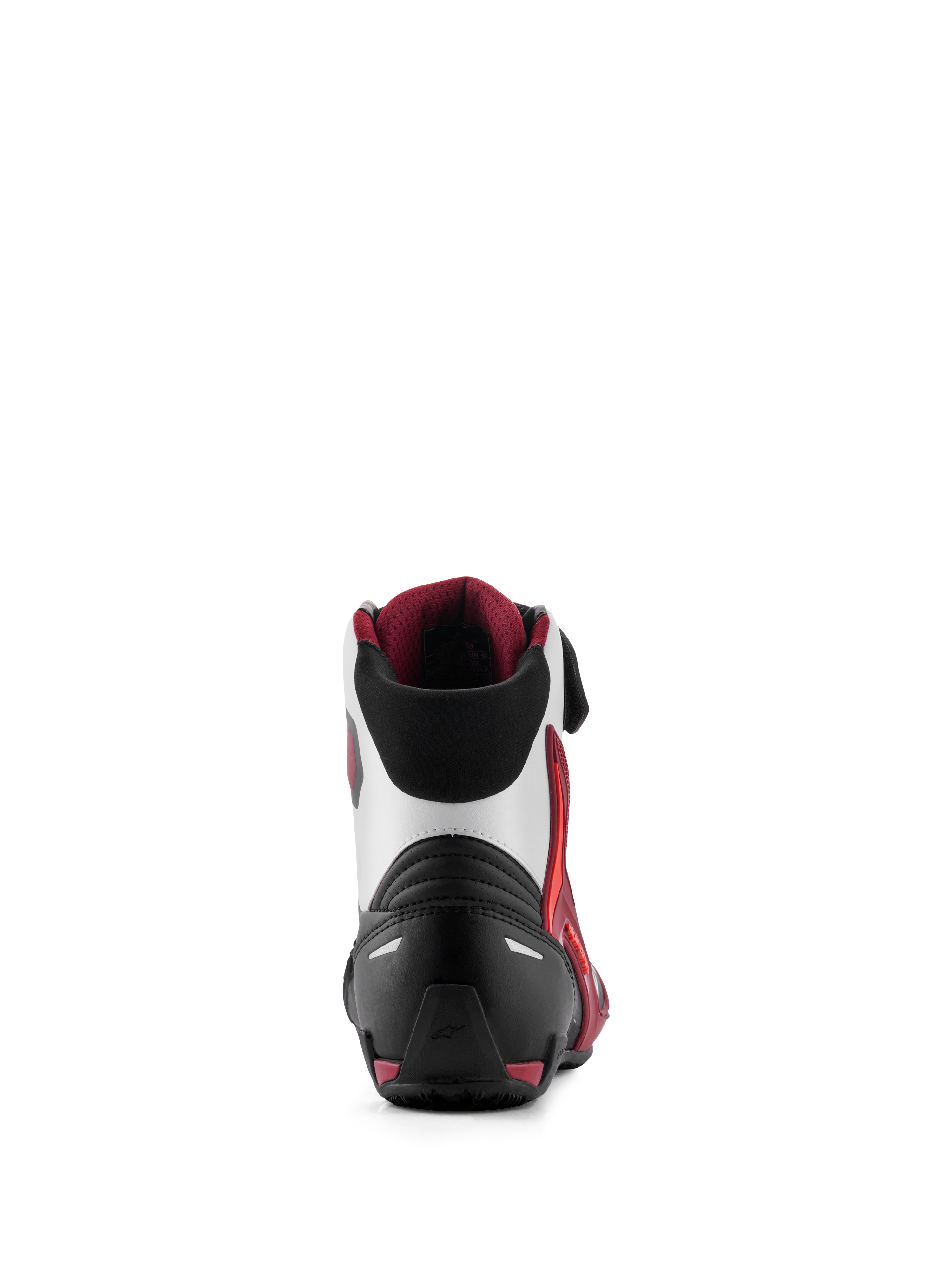 Alpinestars Faster-4 Shoes, Motorcycle Riding Shoes, Black White and Dark Red, Rear view featuring reinforced heel counter, TPU ankle support, and soft textile collar, performance footwear for road riding