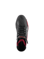 Alpinestars Faster-4 Shoes, Motorcycle Riding Shoes, Black White and Dark Red, top-down view featuring traditional lace closure, white Alpinestars star logo, and dark red padded interior lining.