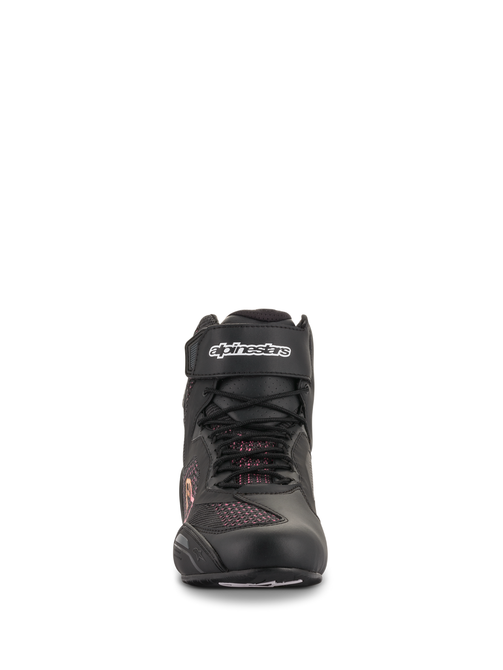 Sapatos Alpinestars Stella Faster-3 Rideknit® para Mulher, preto, amarelo e rosa, vista frontal mostrando a construção tricotada sem costuras, atacadores e tira de velcro no tornozelo com logótipo branco, calçado de motociclismo leve