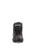 Sapatos Alpinestars Stella Faster-3 Rideknit® para Mulher, preto, amarelo e rosa, vista frontal mostrando a construção tricotada sem costuras, atacadores e tira de velcro no tornozelo com logótipo branco, calçado de motociclismo leve