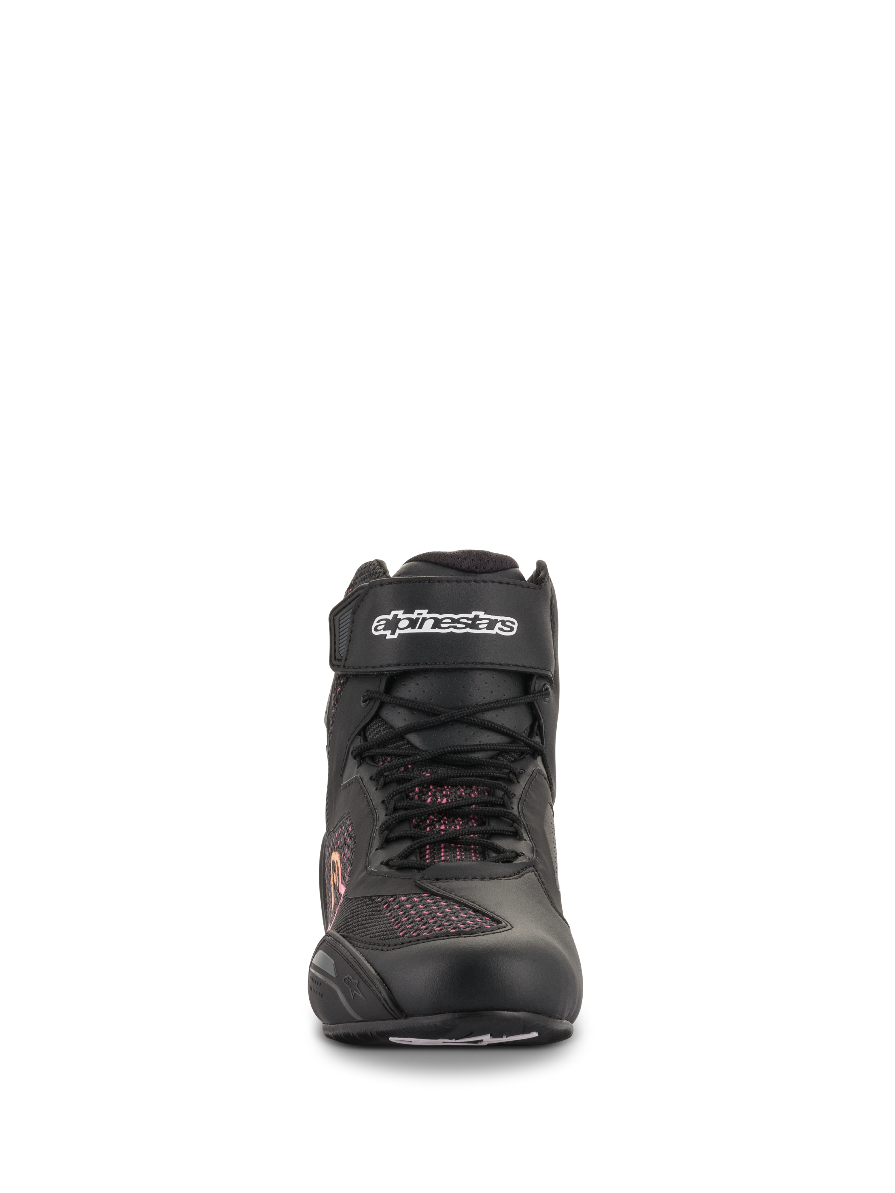 Sapatos Alpinestars Stella Faster-3 Rideknit® para Mulher, preto, amarelo e rosa, vista frontal mostrando a construção tricotada sem costuras, atacadores e tira de velcro no tornozelo com logótipo branco, calçado de motociclismo leve