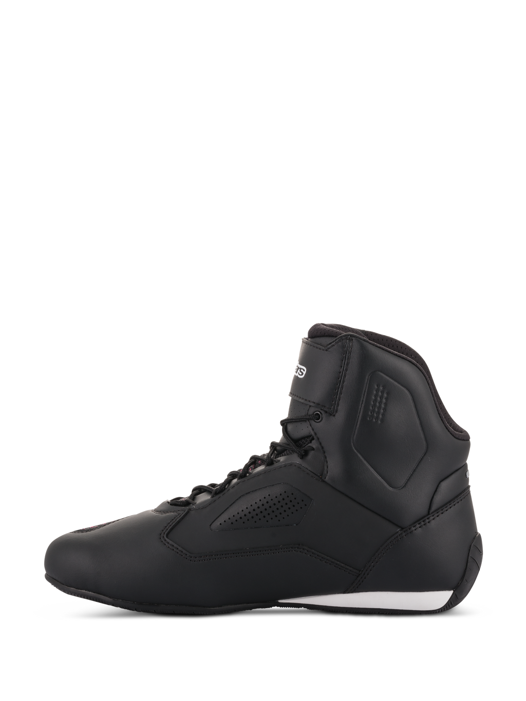 Sapatos de motociclismo Alpinestars Stella Faster-3 Rideknit® para mulher, em preto, amarelo e cor-de-rosa, vista de perfil lateral, com um design de cano alto elegante, painéis perfurados e um detalhe branco no calcanhar.