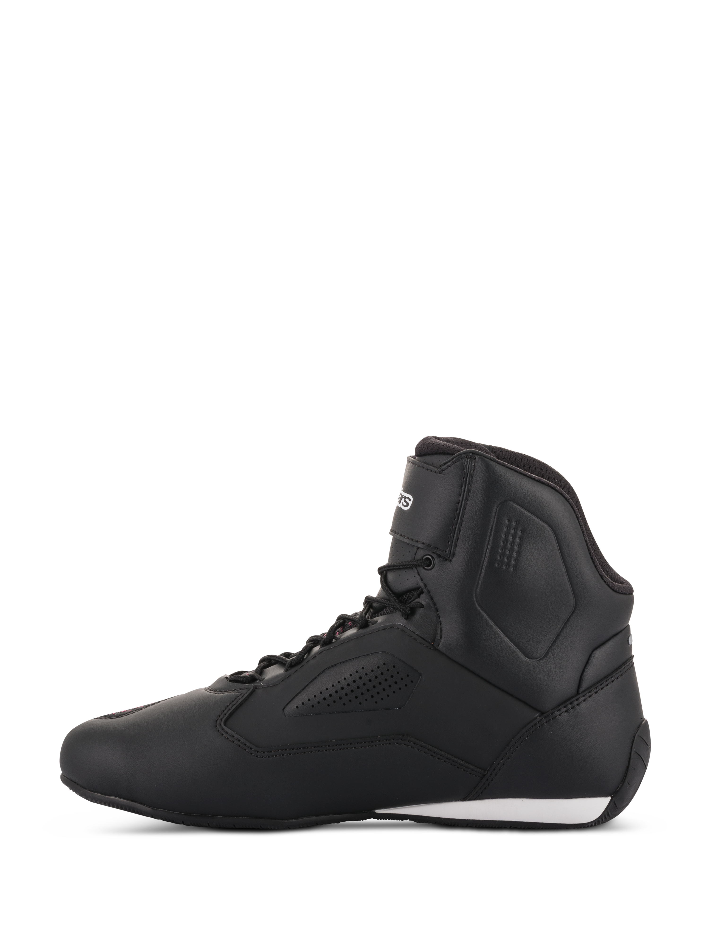 Sapatos de motociclismo Alpinestars Stella Faster-3 Rideknit® para mulher, em preto, amarelo e cor-de-rosa, vista de perfil lateral, com um design de cano alto elegante, painéis perfurados e um detalhe branco no calcanhar.