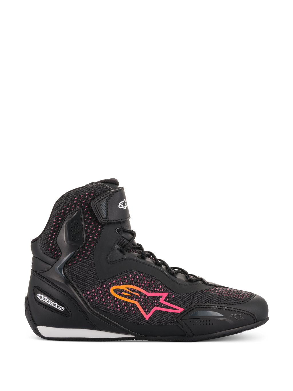 Sapatos Alpinestars Stella Faster-3 Rideknit® para Mulher, sapatos de motociclismo, pretos, amarelos e cor-de-rosa, perfil de vista lateral com parte superior em malha respirável, logótipo de estrela com gradiente vibrante e tira de tornozelo em velcro