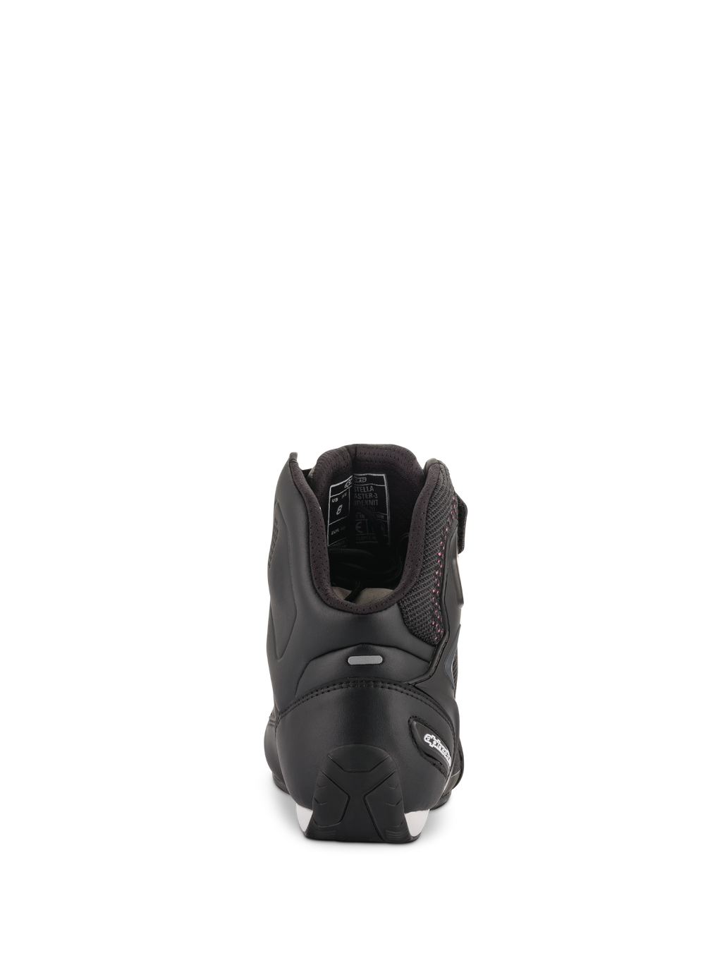 Sapatos Alpinestars Stella Faster-3 Rideknit® para Mulher, pretos com detalhes cor-de-rosa, vista traseira mostrando a proteção do calcanhar e a tira refletora, calçado de motociclismo de cano alto com material de malha respirável