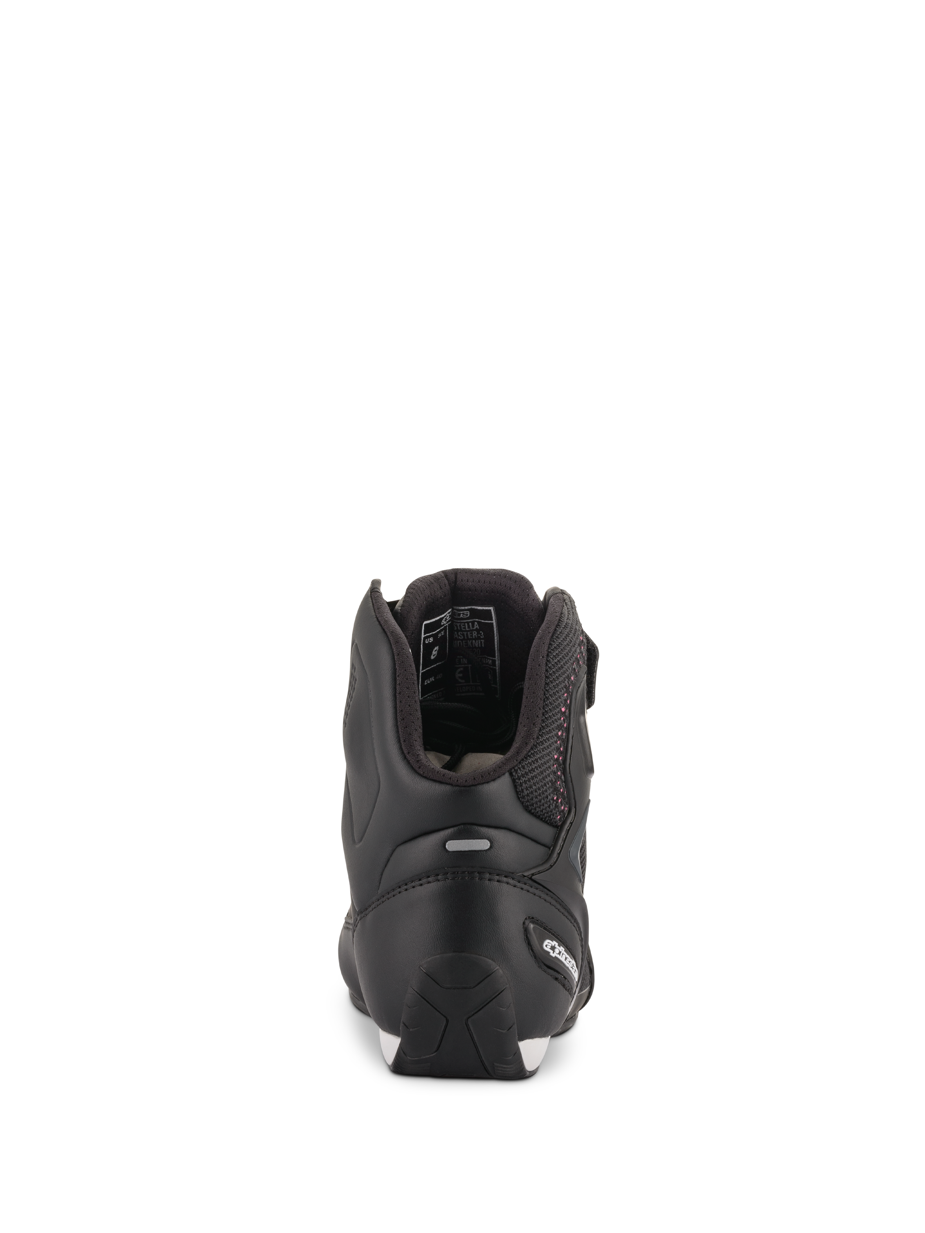 Sapatos Alpinestars Stella Faster-3 Rideknit® para Mulher, pretos com detalhes cor-de-rosa, vista traseira mostrando a proteção do calcanhar e a tira refletora, calçado de motociclismo de cano alto com material de malha respirável