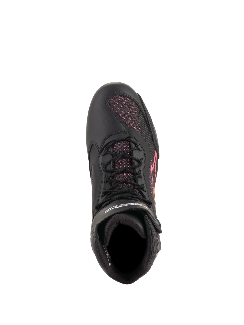 Sapatos Alpinestars Stella Faster-3 Rideknit® para Mulher, sapatos de motociclismo, pretos, amarelos e rosa, vista superior destacando atacadores pretos e painéis em malha tricotada rosa, calçado desportivo leve e respirável