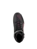Sapatos Alpinestars Stella Faster-3 Rideknit® para Mulher, sapatos de motociclismo, pretos, amarelos e rosa, vista superior destacando atacadores pretos e painéis em malha tricotada rosa, calçado desportivo leve e respirável