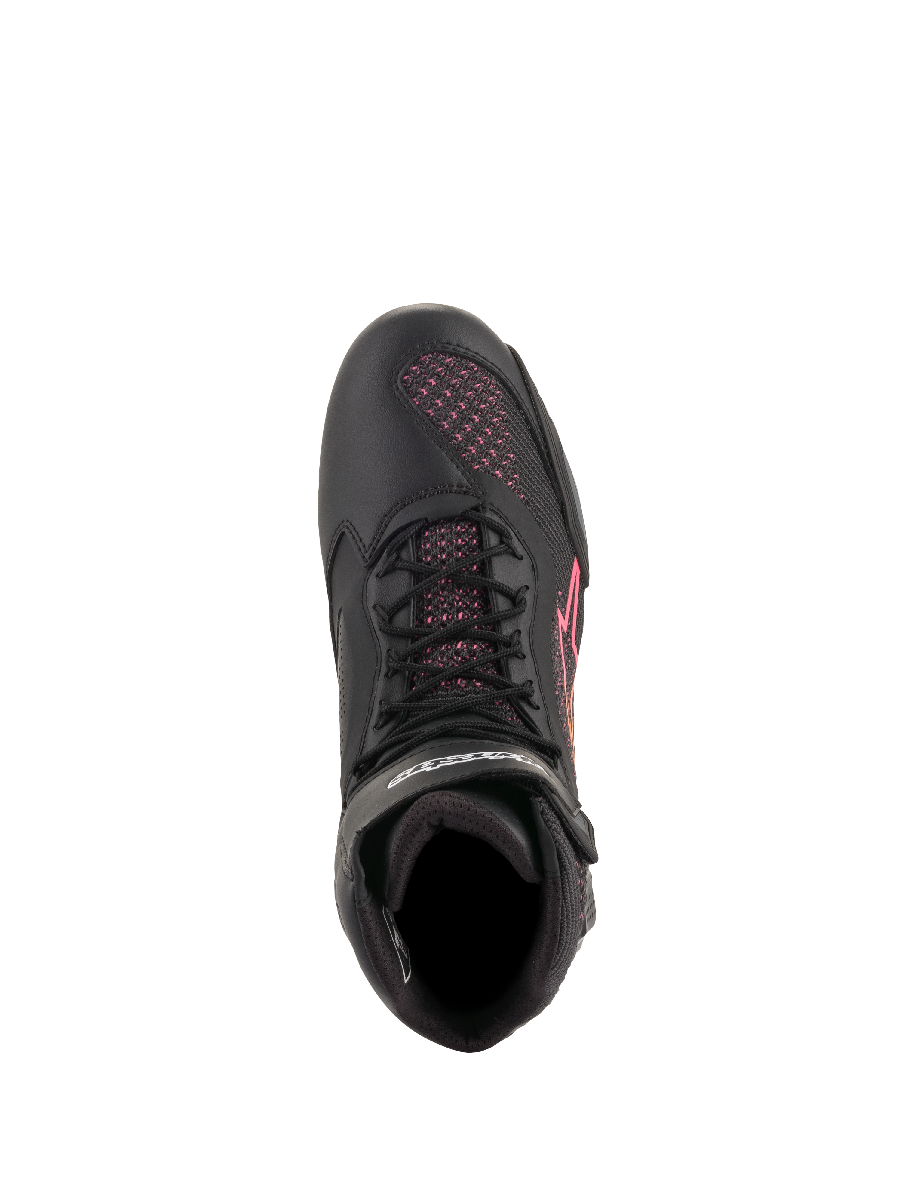 Sapatos Alpinestars Stella Faster-3 Rideknit® para Mulher, sapatos de motociclismo, pretos, amarelos e rosa, vista superior destacando atacadores pretos e painéis em malha tricotada rosa, calçado desportivo leve e respirável