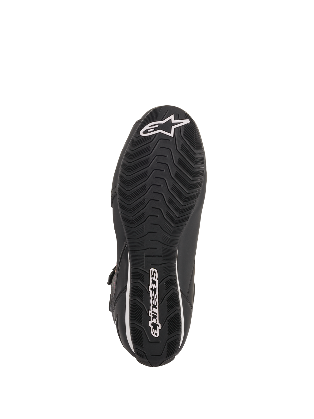 Sapatos Femininos Alpinestars Stella Faster-3 Rideknit®, Preto Amarelo Rosa, vista da sola exterior com sola de borracha preta e rasto com textura ondulada, logótipo e inscrição Alpinestars em branco, design durável para condução de motociclo em estrada