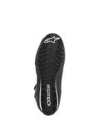Sapatos Femininos Alpinestars Stella Faster-3 Rideknit®, Preto Amarelo Rosa, vista da sola exterior com sola de borracha preta e rasto com textura ondulada, logótipo e inscrição Alpinestars em branco, design durável para condução de motociclo em estrada
