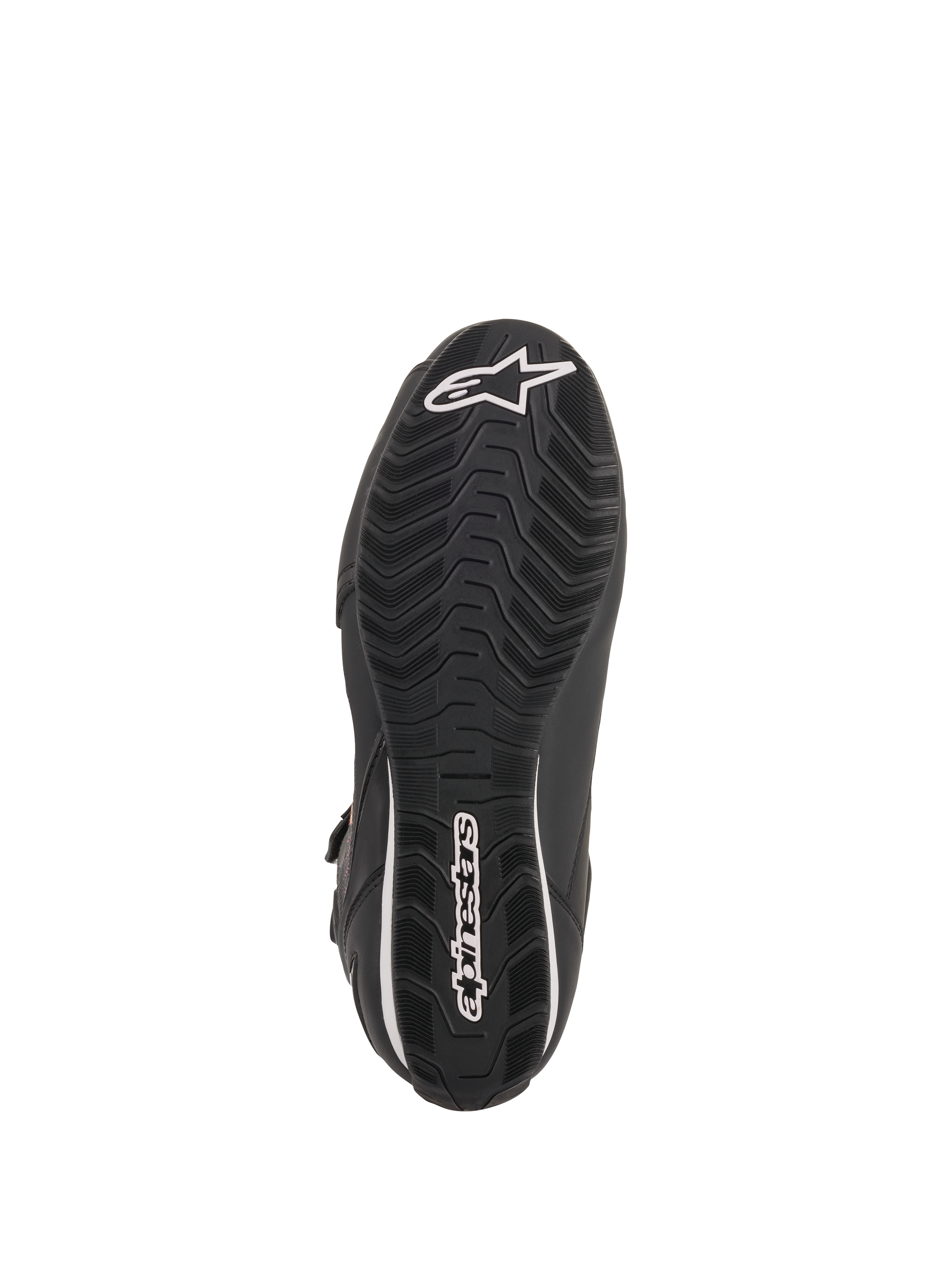 Sapatos Femininos Alpinestars Stella Faster-3 Rideknit®, Preto Amarelo Rosa, vista da sola exterior com sola de borracha preta e rasto com textura ondulada, logótipo e inscrição Alpinestars em branco, design durável para condução de motociclo em estrada