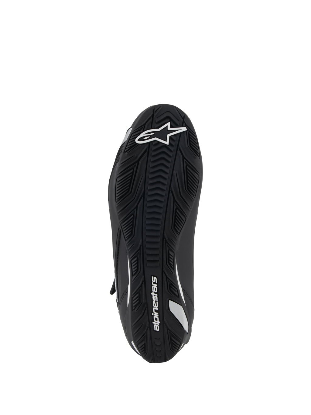 Alpinestars Stella Faster-4 Women's Riding Shoes, Bottom View, Black Rubber Sole with Textured Grip, White Alpinestars Logo and Branding, Ergonomic Design for Traction and Support