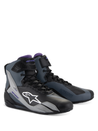 Alpinestars Stella Faster-4, sapatos de moto para mulher, pretos, cinzentos e violetas, cano alto técnico com atacadores.