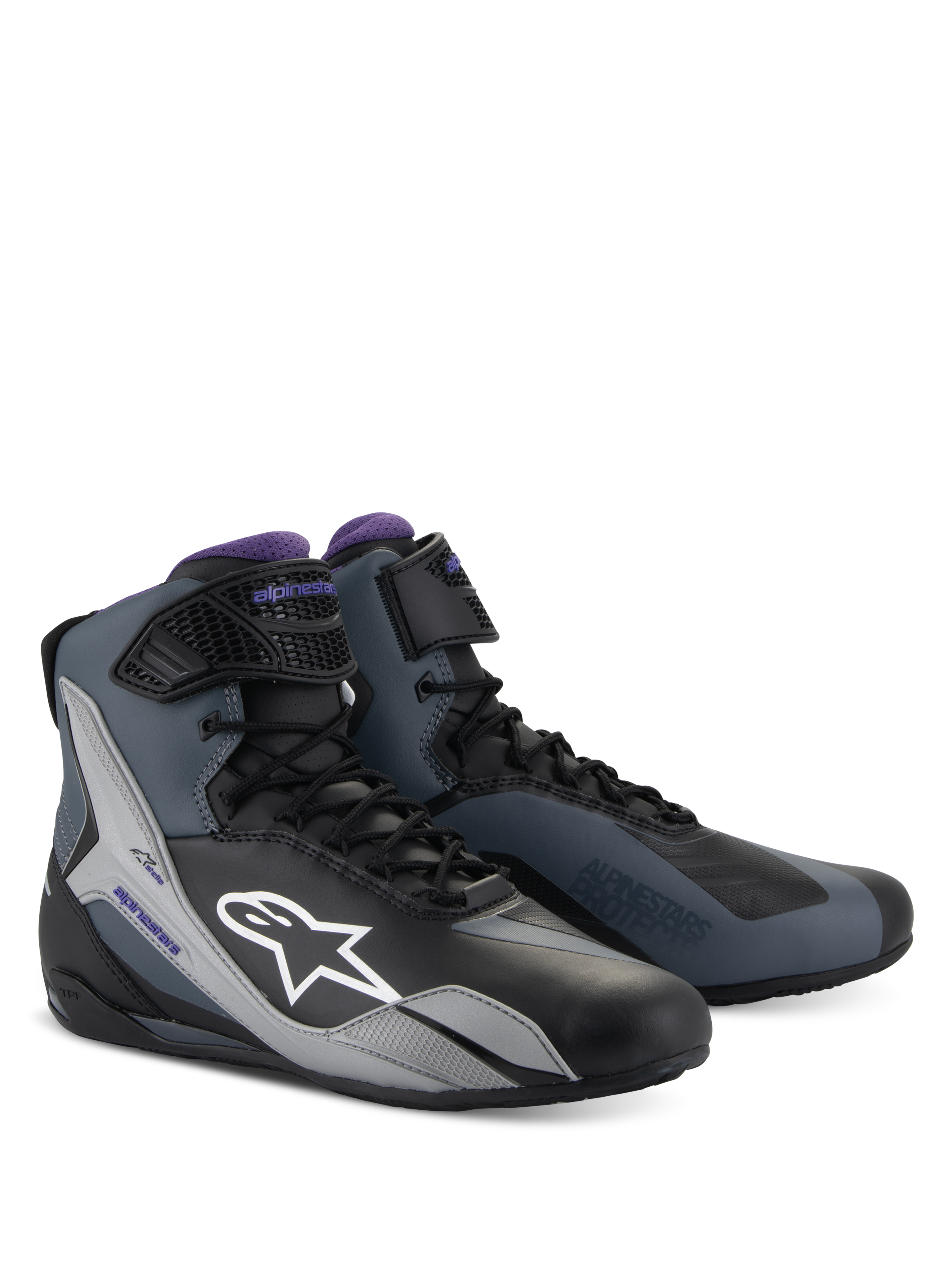 Alpinestars Stella Faster-4, sapatos de moto para mulher, pretos, cinzentos e violetas, cano alto técnico com atacadores.