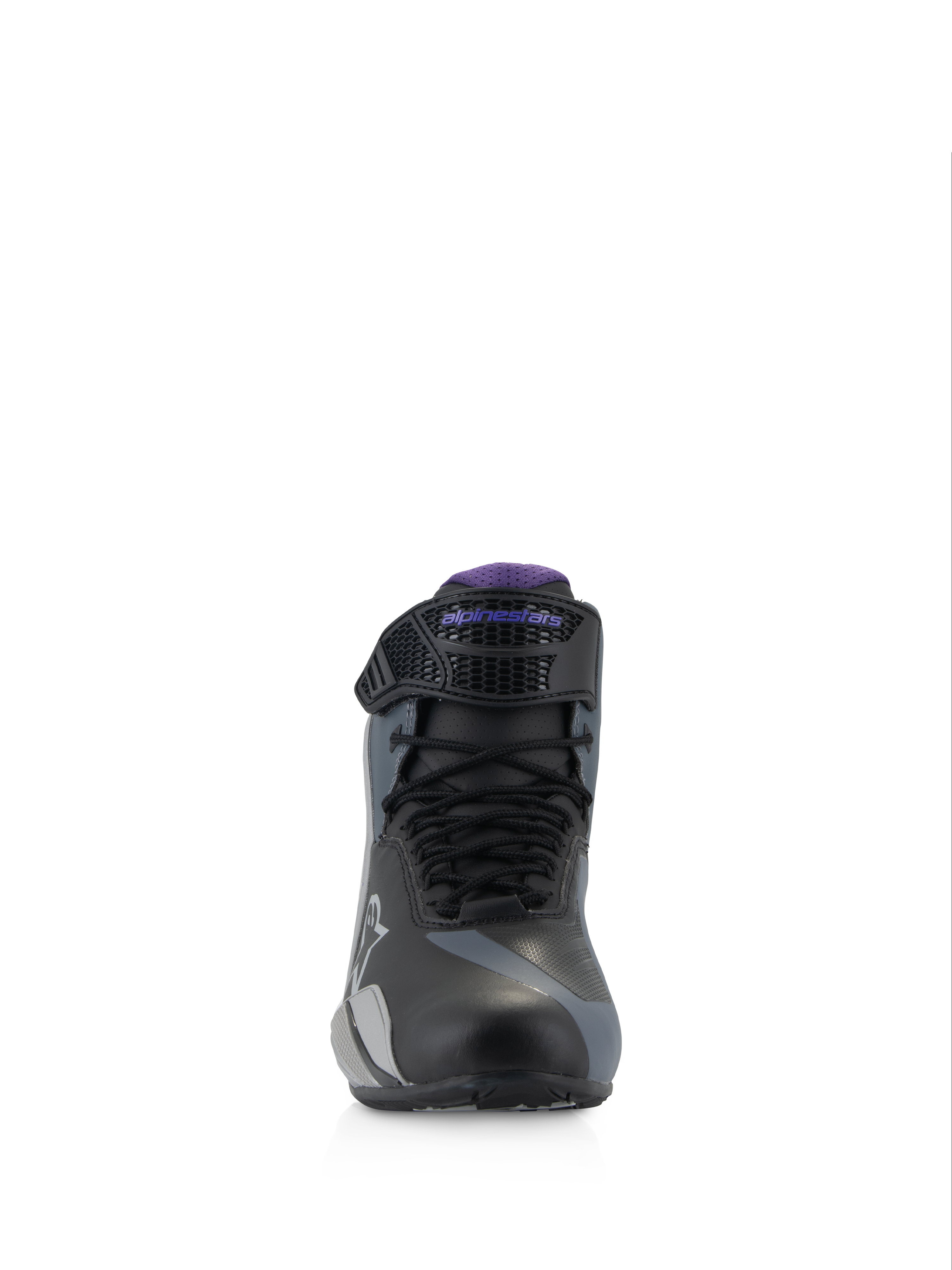 Alpinestars Stella Faster-4, sapatos de moto para mulher, pretos e violeta, vista frontal com atacadores e tira ajustável.