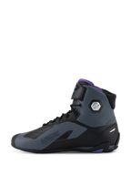 Alpinestars Stella Faster-4, sapatos de moto para mulher, pretos e cinzentos com detalhes violeta, cano alto com proteção de tornozelo e tira ajustável.