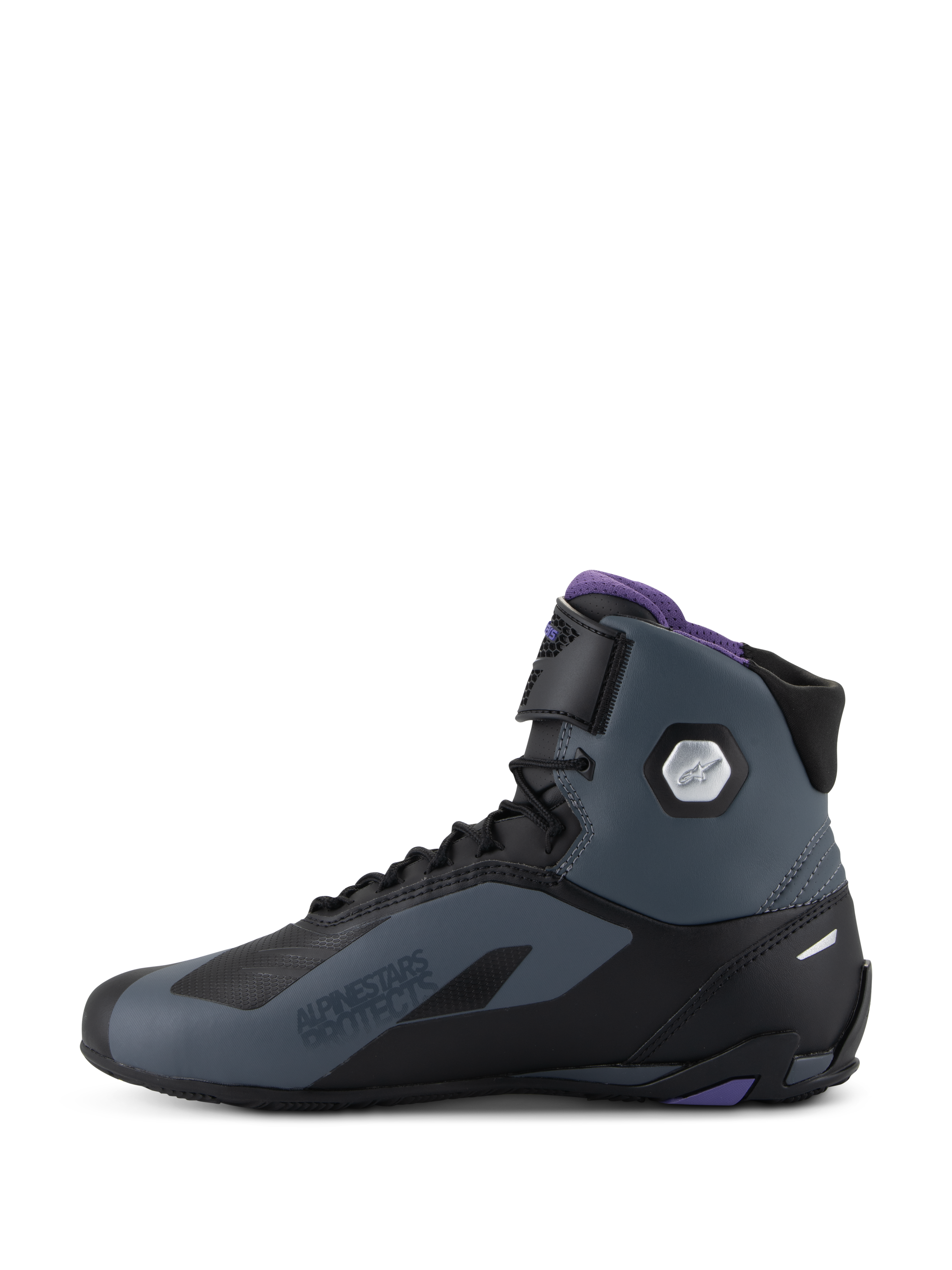 Alpinestars Stella Faster-4, sapatos de moto para mulher, pretos e cinzentos com detalhes violeta, cano alto com proteção de tornozelo e tira ajustável.