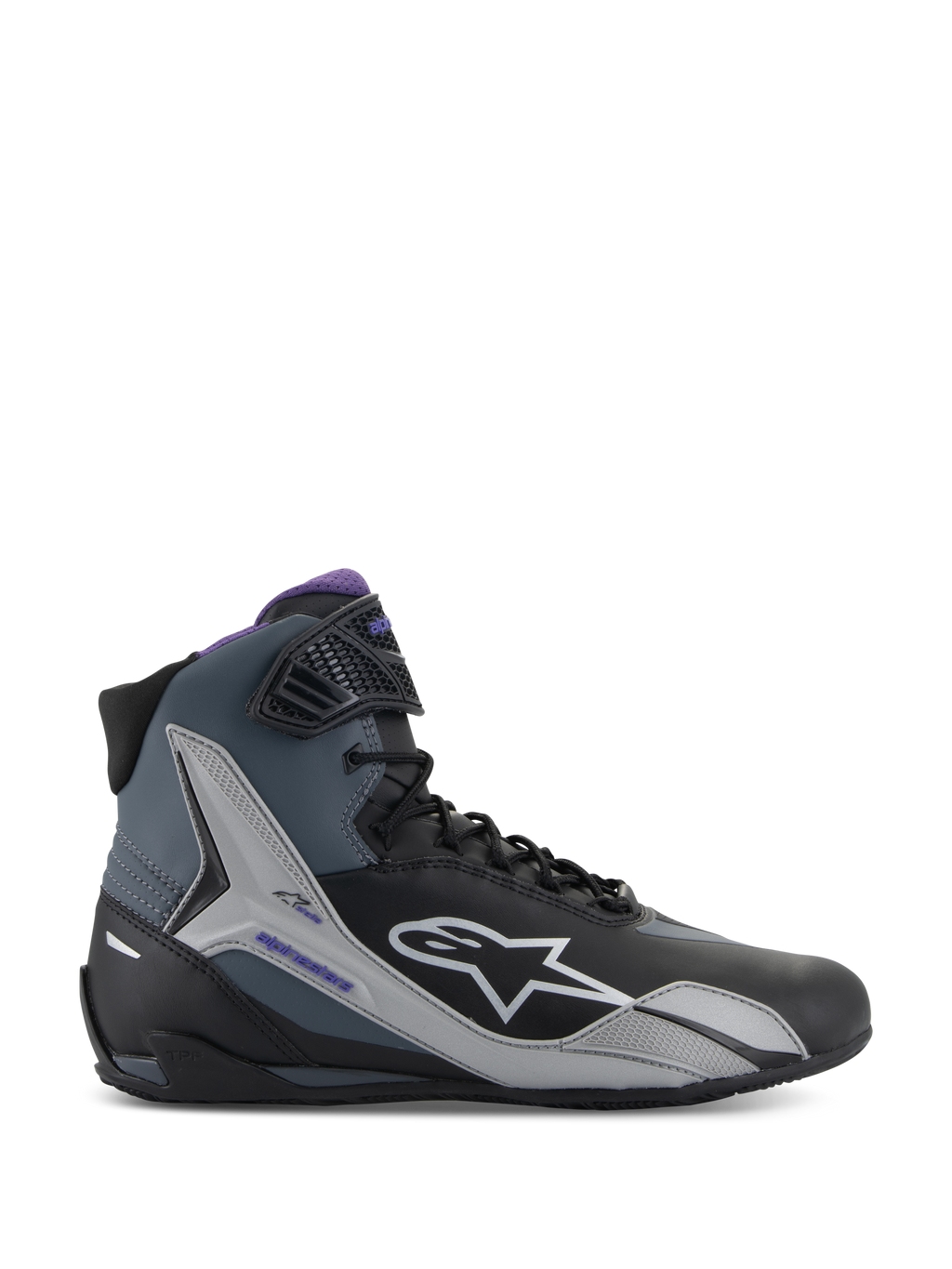 Alpinestars Stella Faster-4, sapatos de moto para mulher, pretos e violetas, em microfibra protetora para estrada.