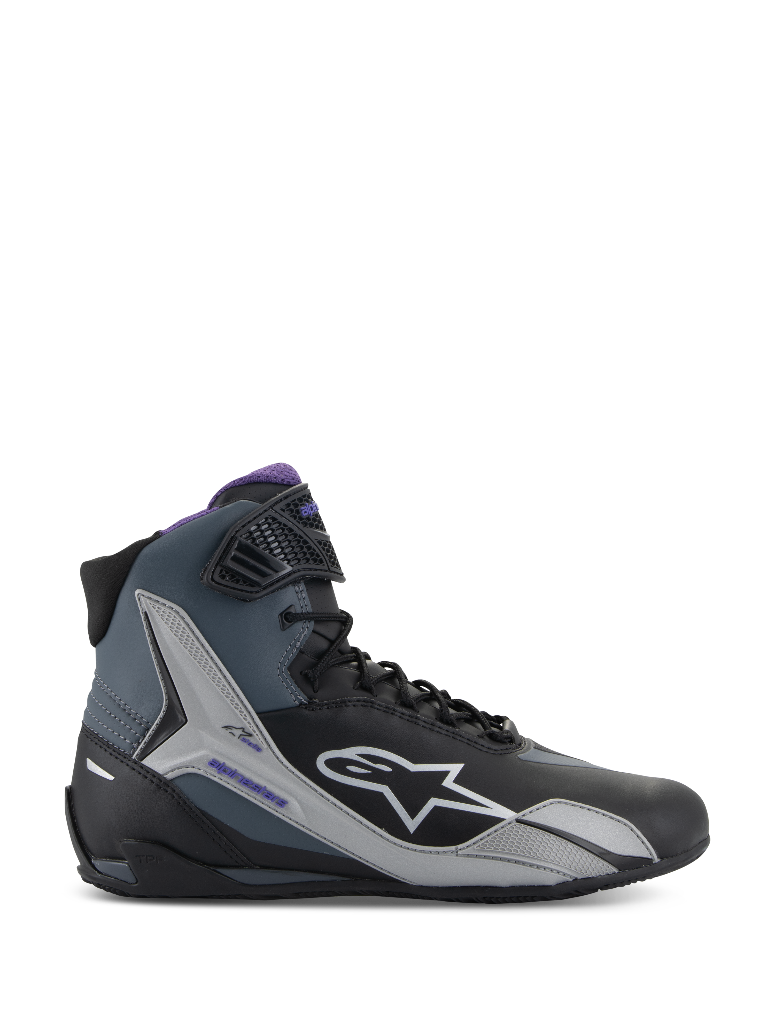 Alpinestars Stella Faster-4, sapatos de moto para mulher, pretos e violetas, em microfibra protetora para estrada.