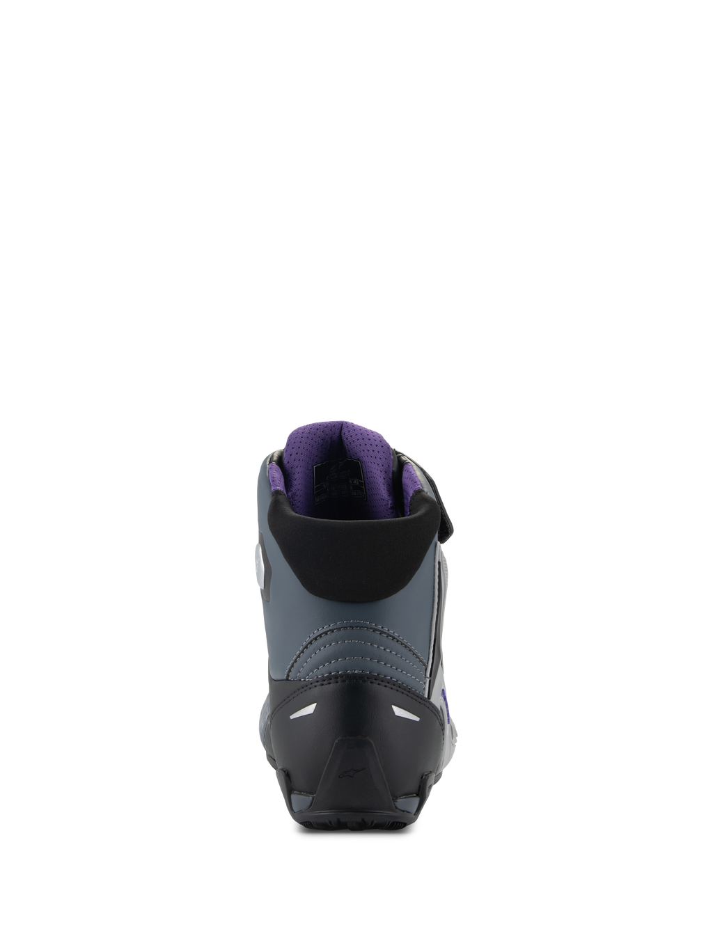 Sapatos Alpinestars Stella Faster-4 para mulher, pretos e cinzentos, vista traseira com contraforte do calcanhar e forro violeta.