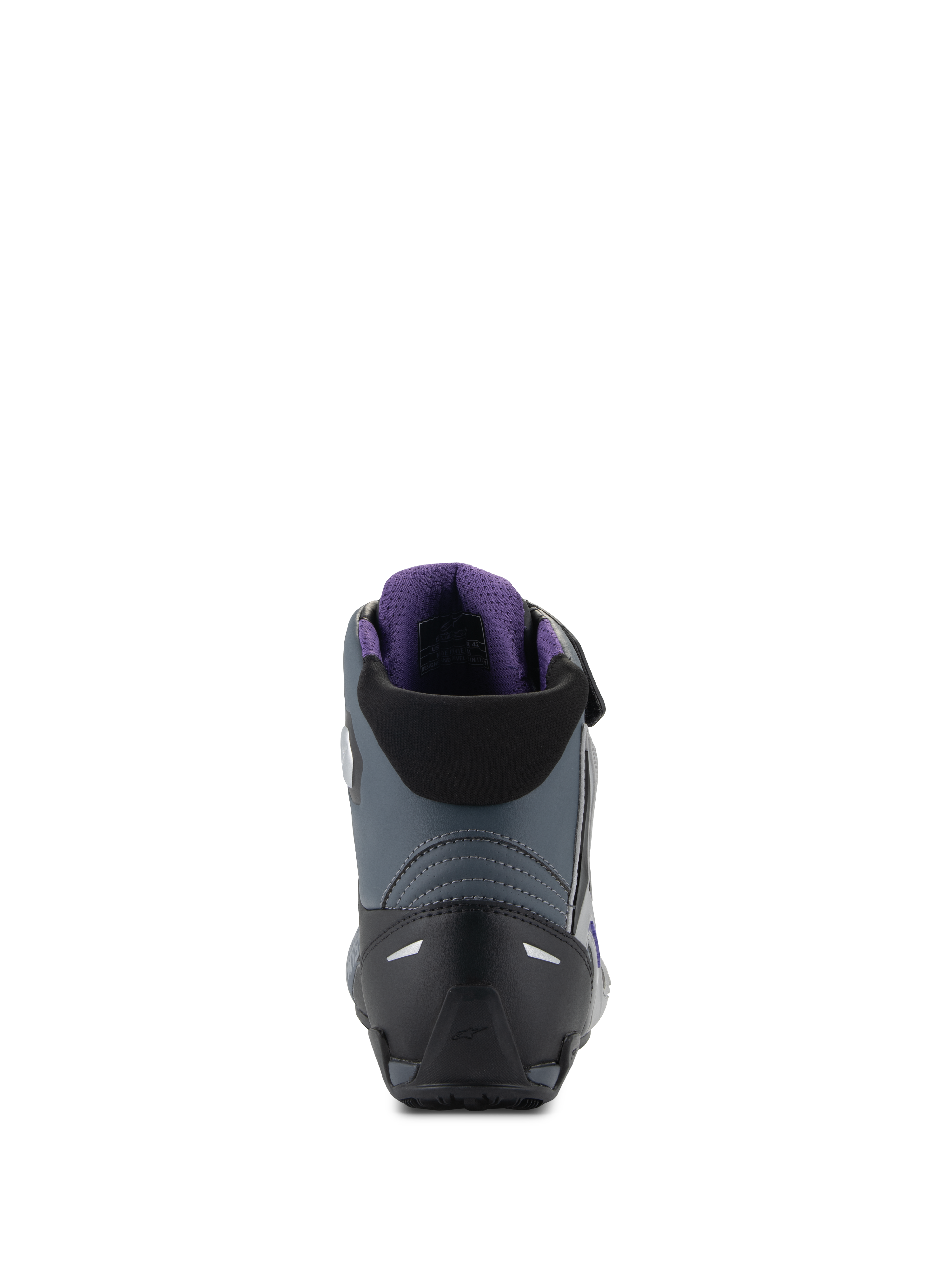 Sapatos Alpinestars Stella Faster-4 para mulher, pretos e cinzentos, vista traseira com contraforte do calcanhar e forro violeta.