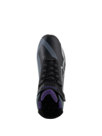 Alpinestars Sapatos Stella Faster-4 para mulher, pretos e violetas, vista superior com atacadores e interior em malha.
