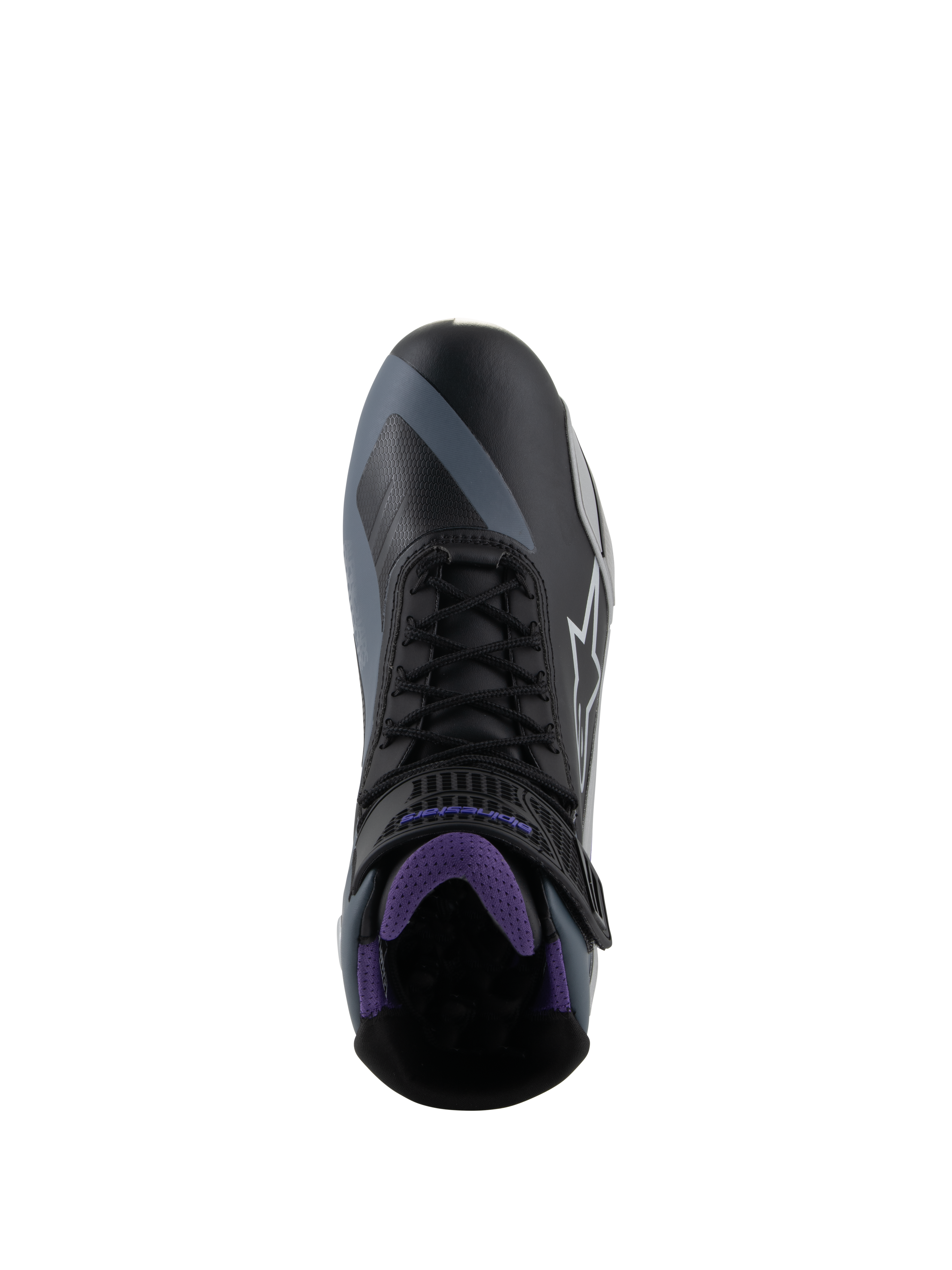 Alpinestars Sapatos Stella Faster-4 para mulher, pretos e violetas, vista superior com atacadores e interior em malha.