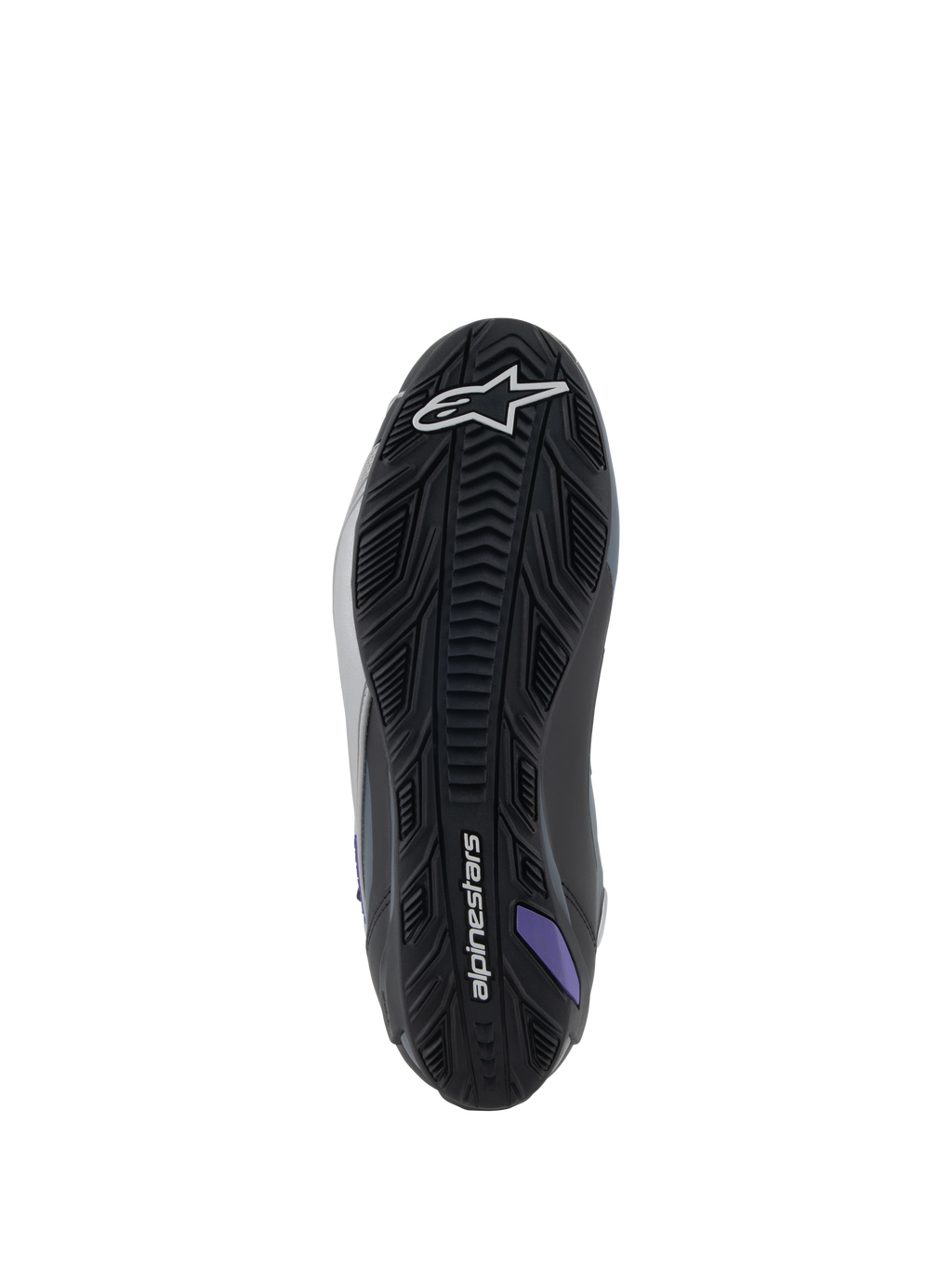 Alpinestars Stella Faster-4, sapatos de moto femininos, vista da sola, borracha preta, cinzenta e violeta.