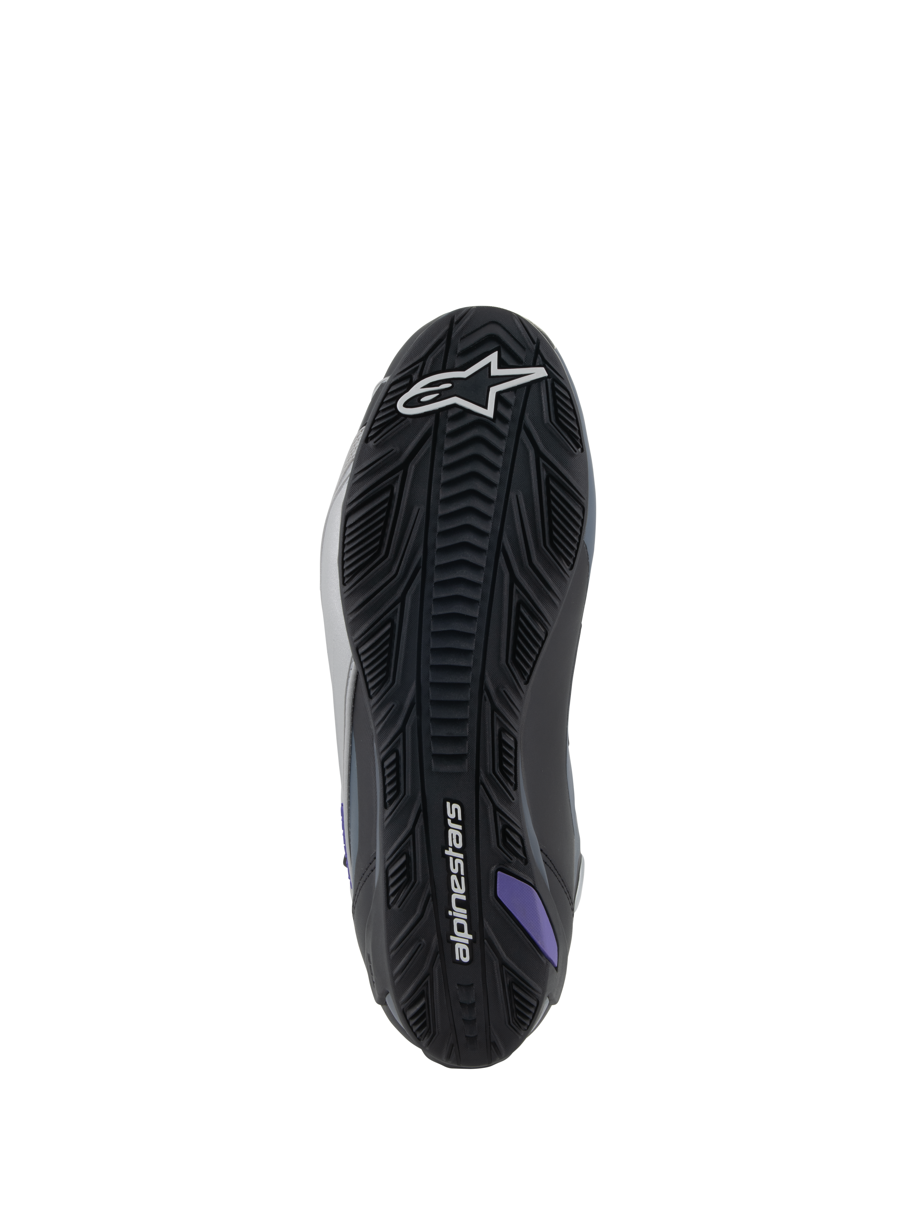 Alpinestars Stella Faster-4, sapatos de moto femininos, vista da sola, borracha preta, cinzenta e violeta.