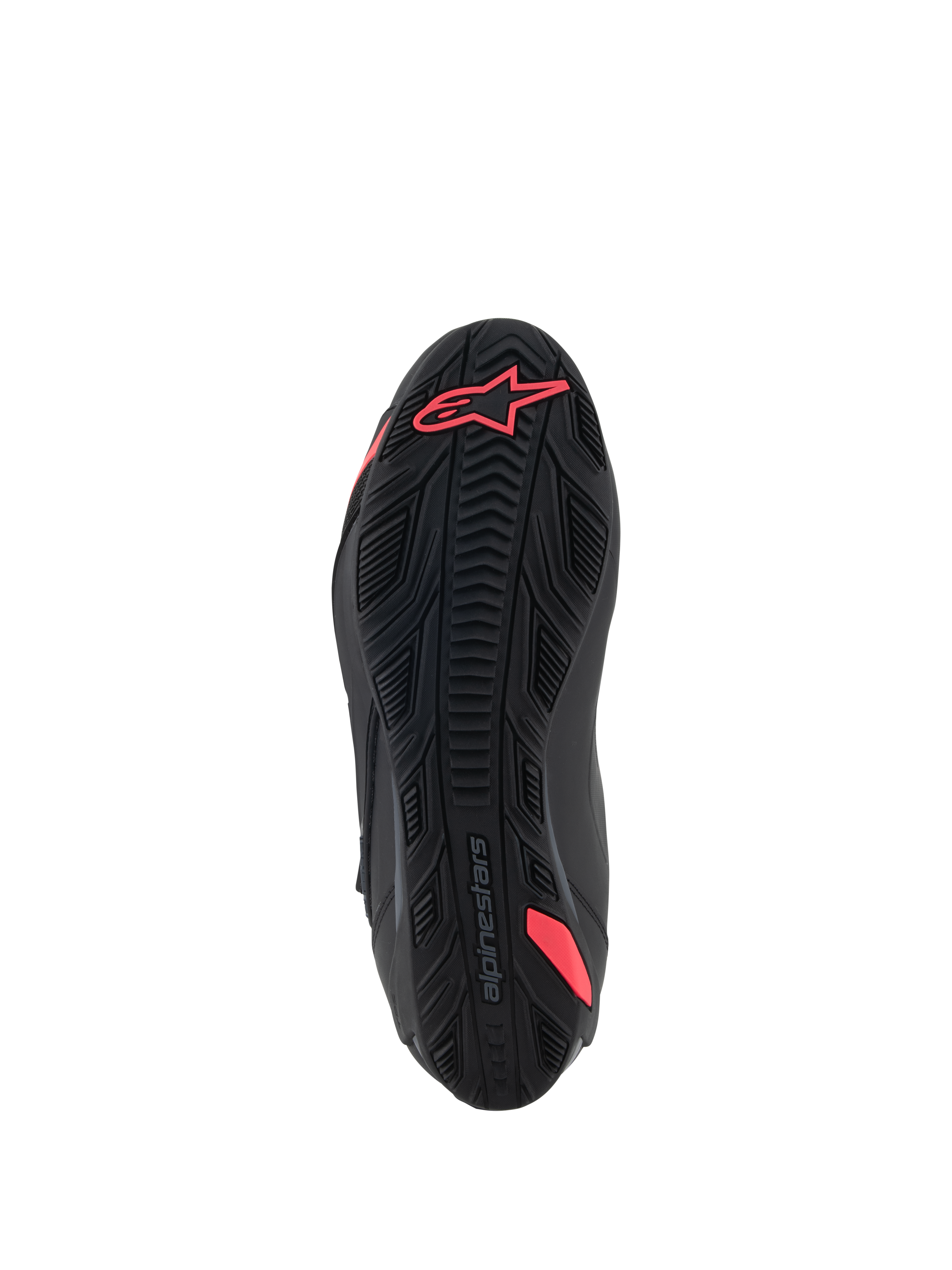 Alpinestars Stella Faster-4 Shoes, bottom view of the sole, Black and Diva Pink, featuring a textured rubber grip pattern, Alpinestars logo on the heel, and integrated shank for support, durable outsole for motorcycle riding