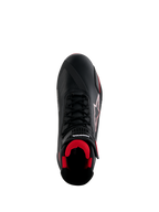 Sapatos Alpinestars Honda Faster-4, sapatos de motociclismo, pretos e vermelhos, vista superior com parte superior em microfibra preta, interior em malha vermelha, atacadores pretos tradicionais e logótipos Alpinestars e Honda