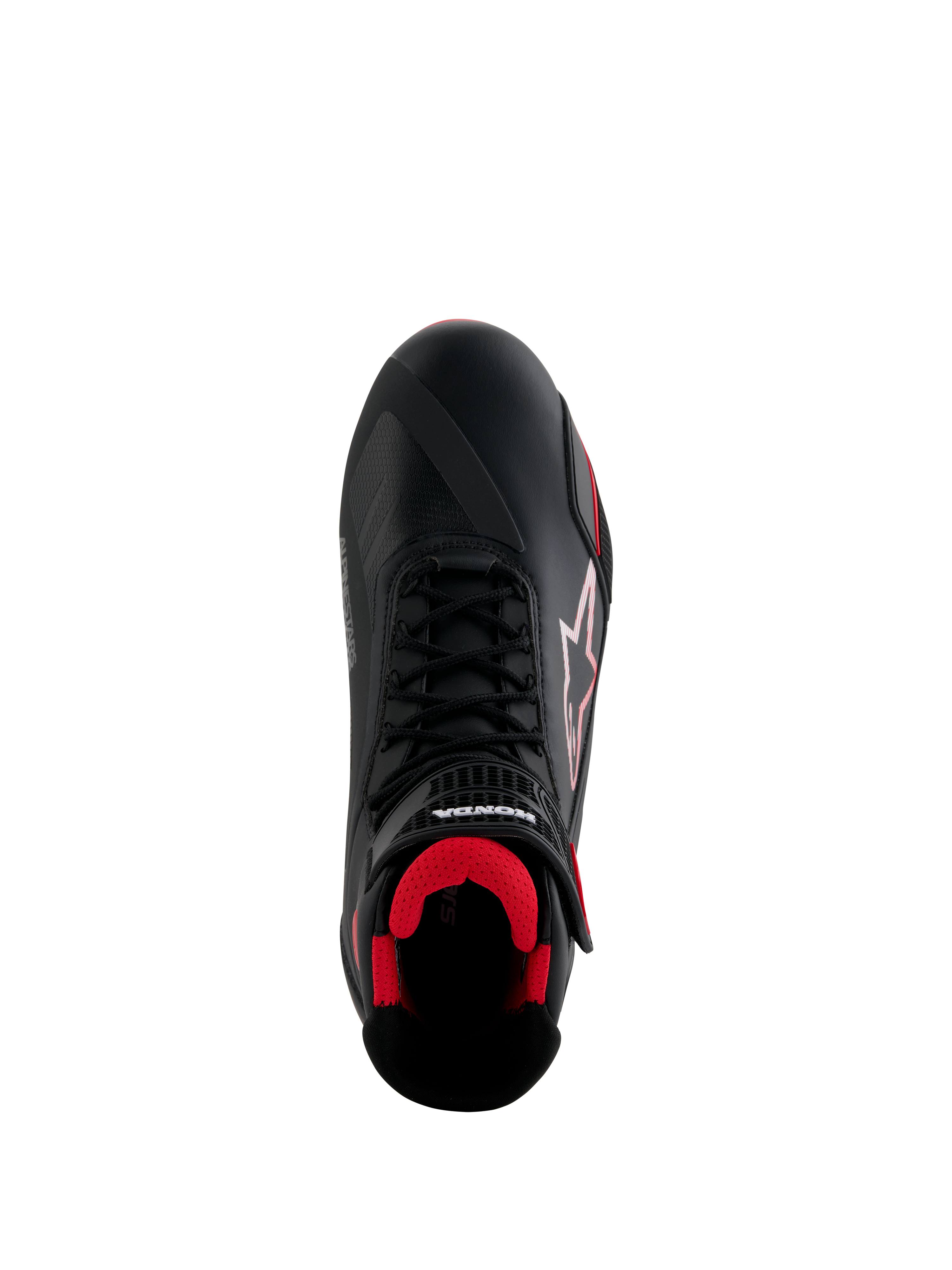 Sapatos Alpinestars Honda Faster-4, sapatos de motociclismo, pretos e vermelhos, vista superior com parte superior em microfibra preta, interior em malha vermelha, atacadores pretos tradicionais e logótipos Alpinestars e Honda