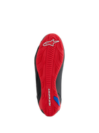 Sapatos Honda Faster-4 Alpinestars, vista da sola, sola exterior de borracha texturizada em vermelho vivo, apresenta o logótipo Alpinestars branco no calcanhar e a marca nominativa no arco, padrão de aderência integrado para condução de motociclos, pormenores laterais pretos