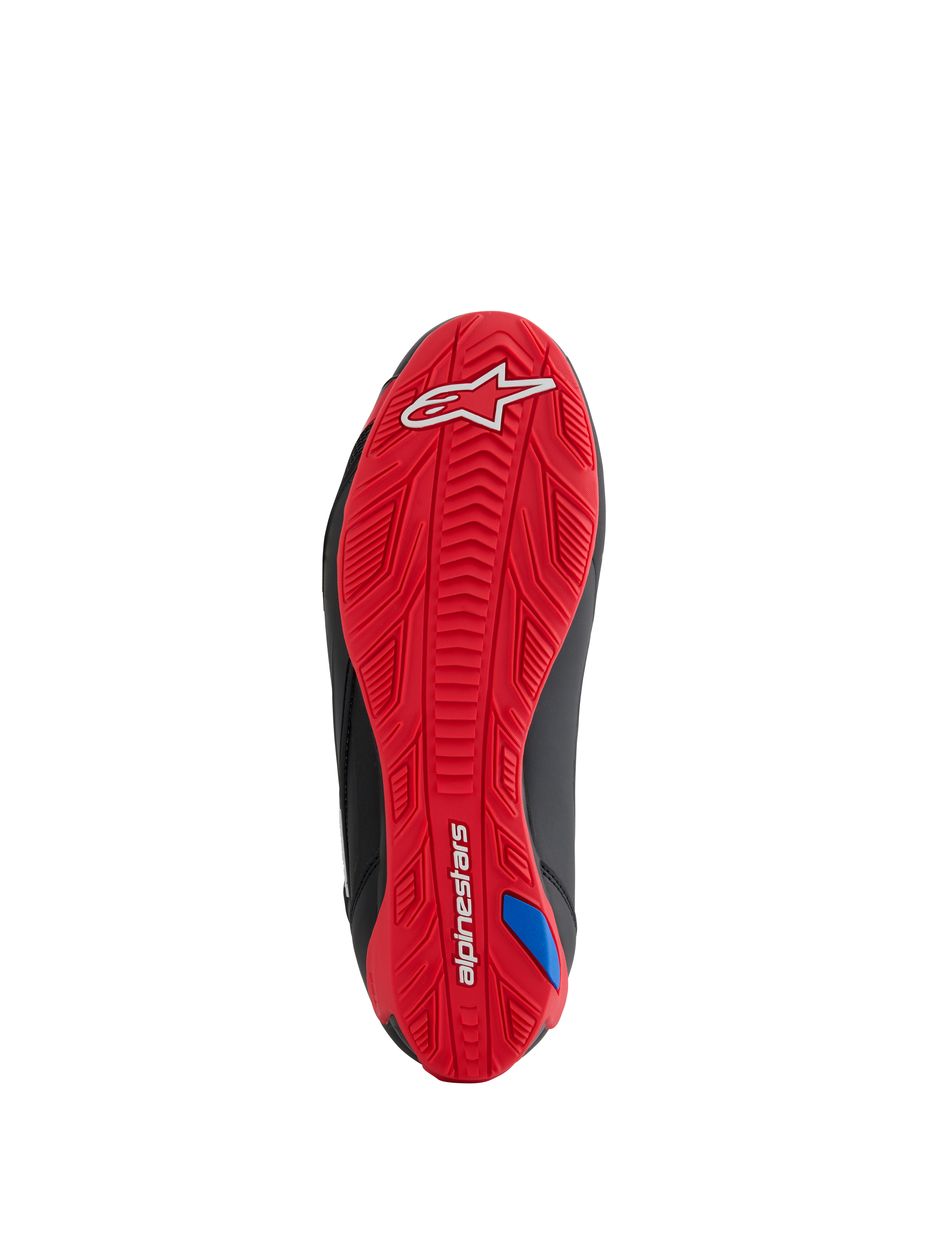 Sapatos Honda Faster-4 Alpinestars, vista da sola, sola exterior de borracha texturizada em vermelho vivo, apresenta o logótipo Alpinestars branco no calcanhar e a marca nominativa no arco, padrão de aderência integrado para condução de motociclos, pormenores laterais pretos