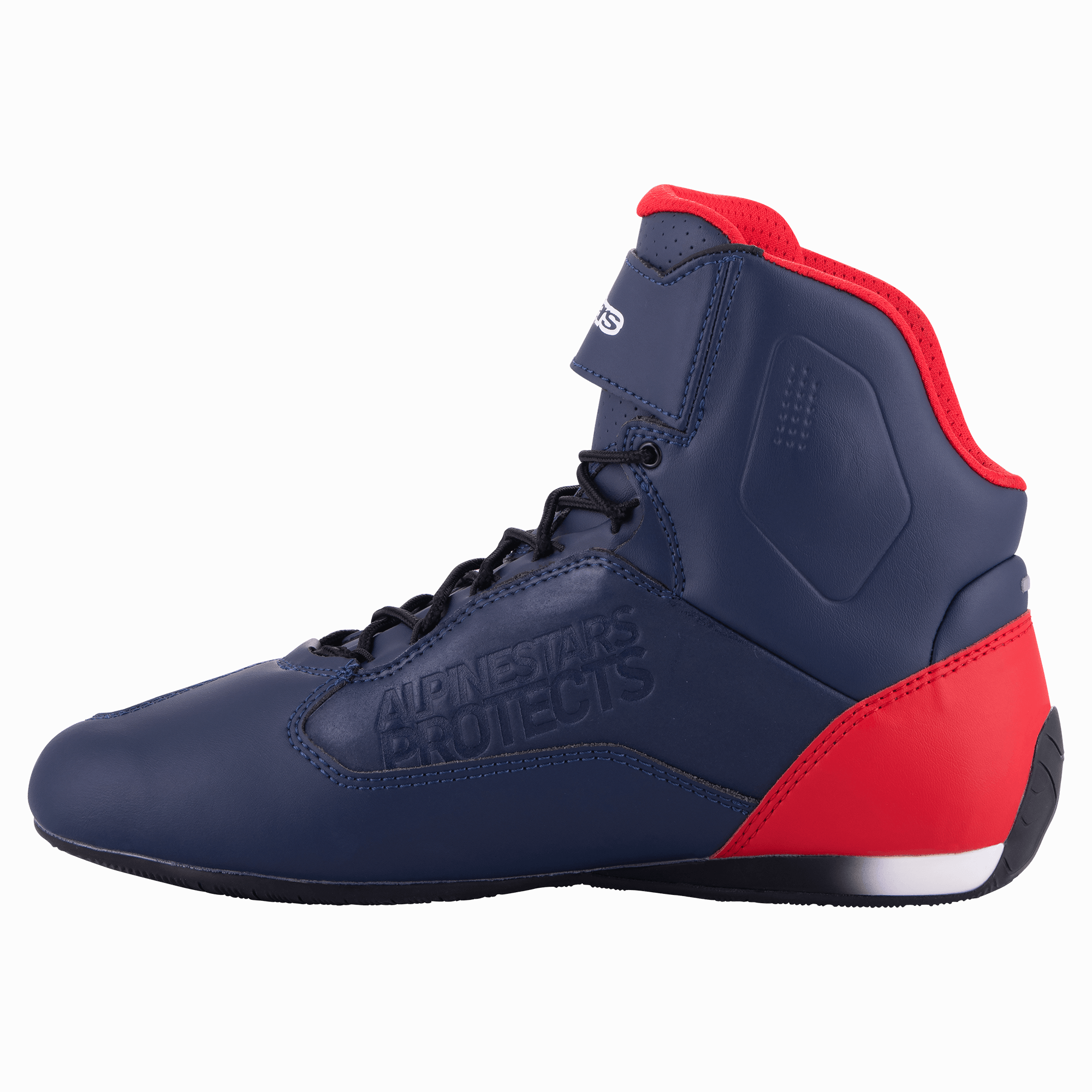 Alpinestars Austin Riding Shoe, Night Navy and Bright Red, profile view showing the navy blue microfiber upper with red heel and collar accents, black laces, 'Alpinestars Protects' embossed branding, high-top motorcycle riding footwear