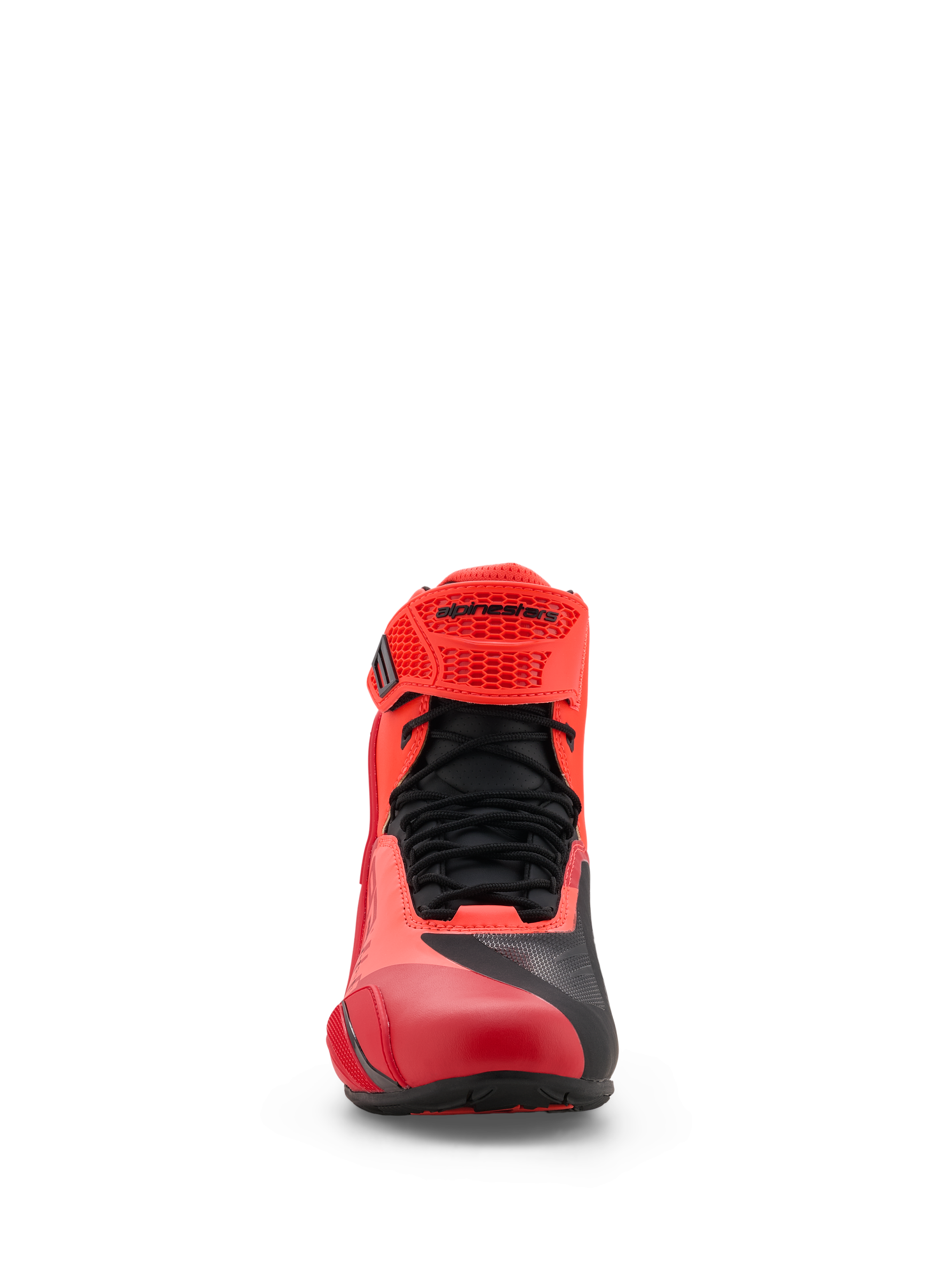 Sapatos Alpinestars MM93 Faster-4, sapatos de motociclismo, vermelho fluo e vermelho brilhante com detalhes em preto, vista frontal com atacadores pretos, tira de TPR ajustável vermelha com a marca Alpinestars e construção em microfibra leve.
