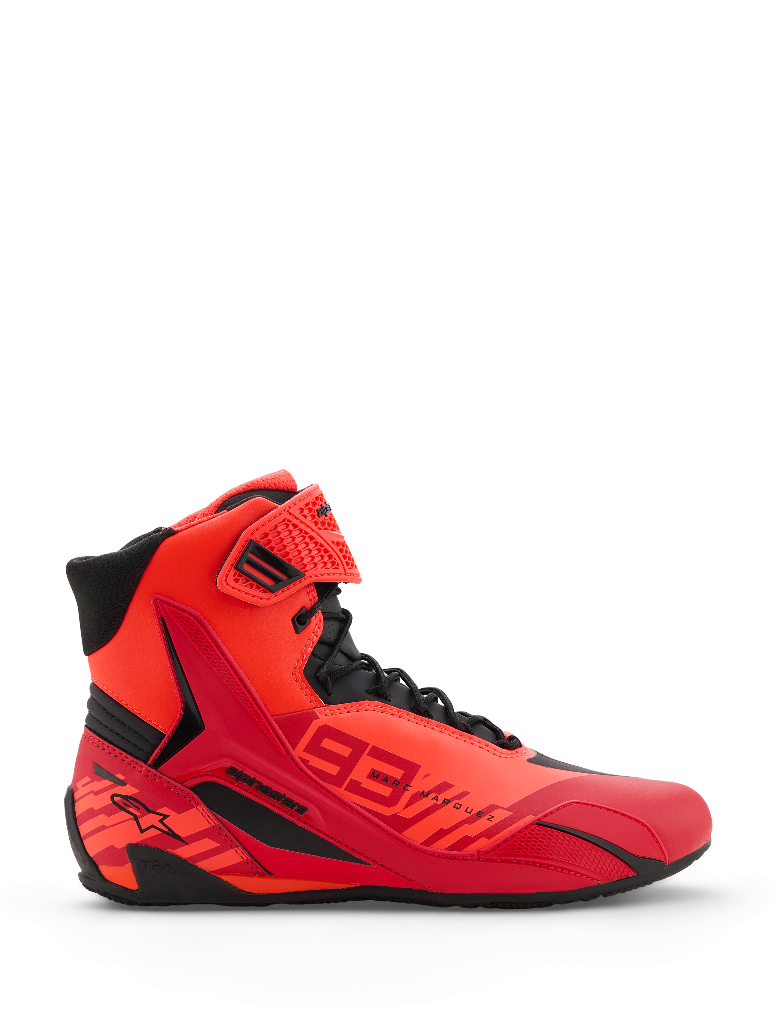 Alpinestars MM93 Faster-4 Shoes, sapatos para motociclismo, vermelho fluo, vermelho brilhante e preto, vista lateral de perfil, com marcação 93 Marc Marquez em destaque, fecho de atacadores com tira de tornozelo de gancho e laço e detalhes de proteção em TPR