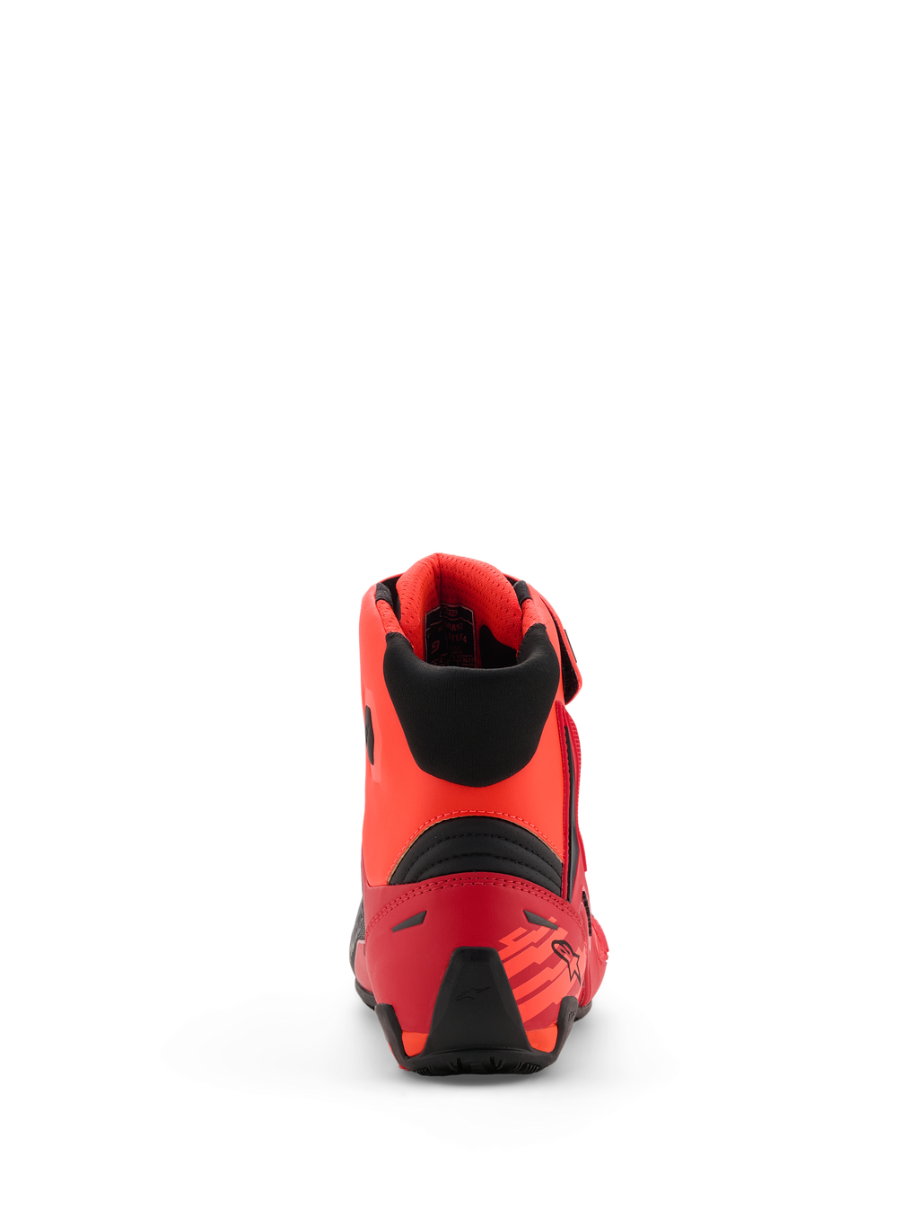 Sapatos Alpinestars MM93 Faster-4, sapatos de motociclismo, vermelho fluo, vermelho brilhante e preto, vista traseira mostrando o contraforte do calcanhar em TPR e colarinho têxtil preto, design ergonómico com pormenores inspirados na competição