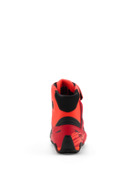 Sapatos Alpinestars MM93 Faster-4, sapatos de motociclismo, vermelho fluo, vermelho brilhante e preto, vista traseira mostrando o contraforte do calcanhar em TPR e colarinho têxtil preto, design ergonómico com pormenores inspirados na competição