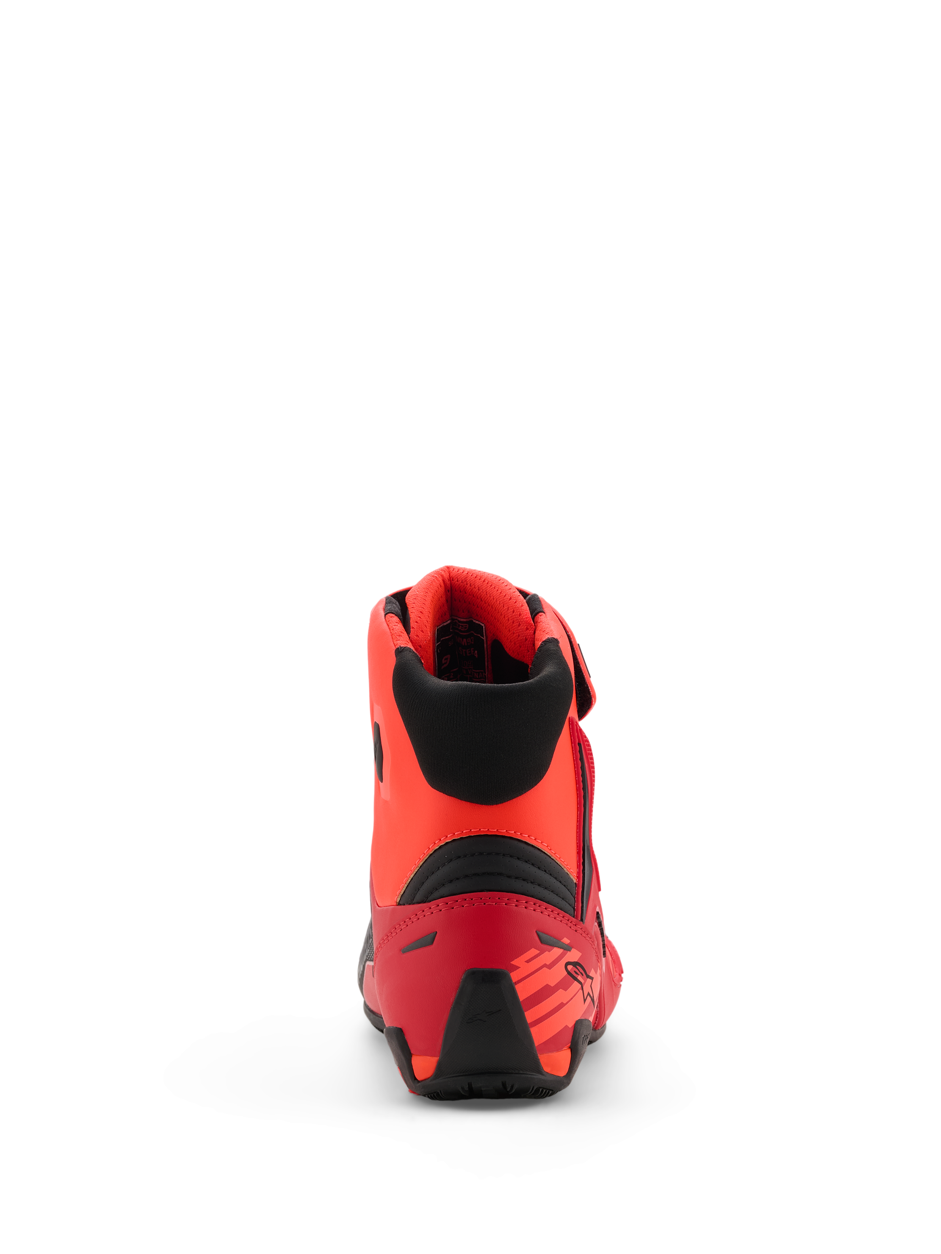 Sapatos Alpinestars MM93 Faster-4, sapatos de motociclismo, vermelho fluo, vermelho brilhante e preto, vista traseira mostrando o contraforte do calcanhar em TPR e colarinho têxtil preto, design ergonómico com pormenores inspirados na competição