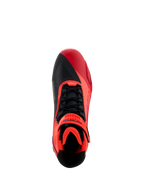 Sapatos Alpinestars MM93 Faster-4, sapatos para motociclismo, Vermelho Fluo, Vermelho Brilhante e Preto, vista superior com atacadores pretos e tira de gancho e laço vermelha, design de biqueira assimétrica e interior acolchoado para condução desportiva.