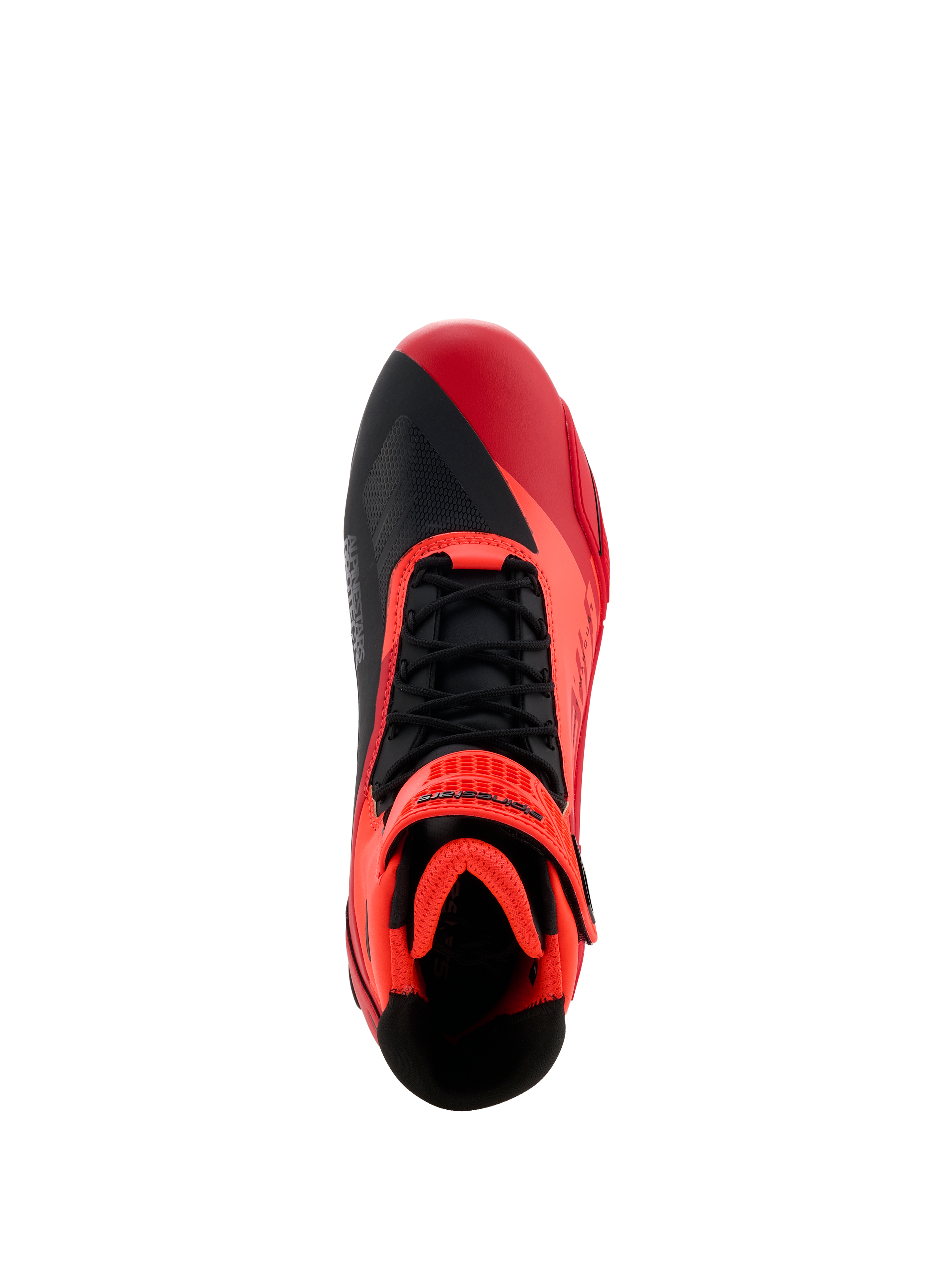Sapatos Alpinestars MM93 Faster-4, sapatos para motociclismo, Vermelho Fluo, Vermelho Brilhante e Preto, vista superior com atacadores pretos e tira de gancho e laço vermelha, design de biqueira assimétrica e interior acolchoado para condução desportiva.