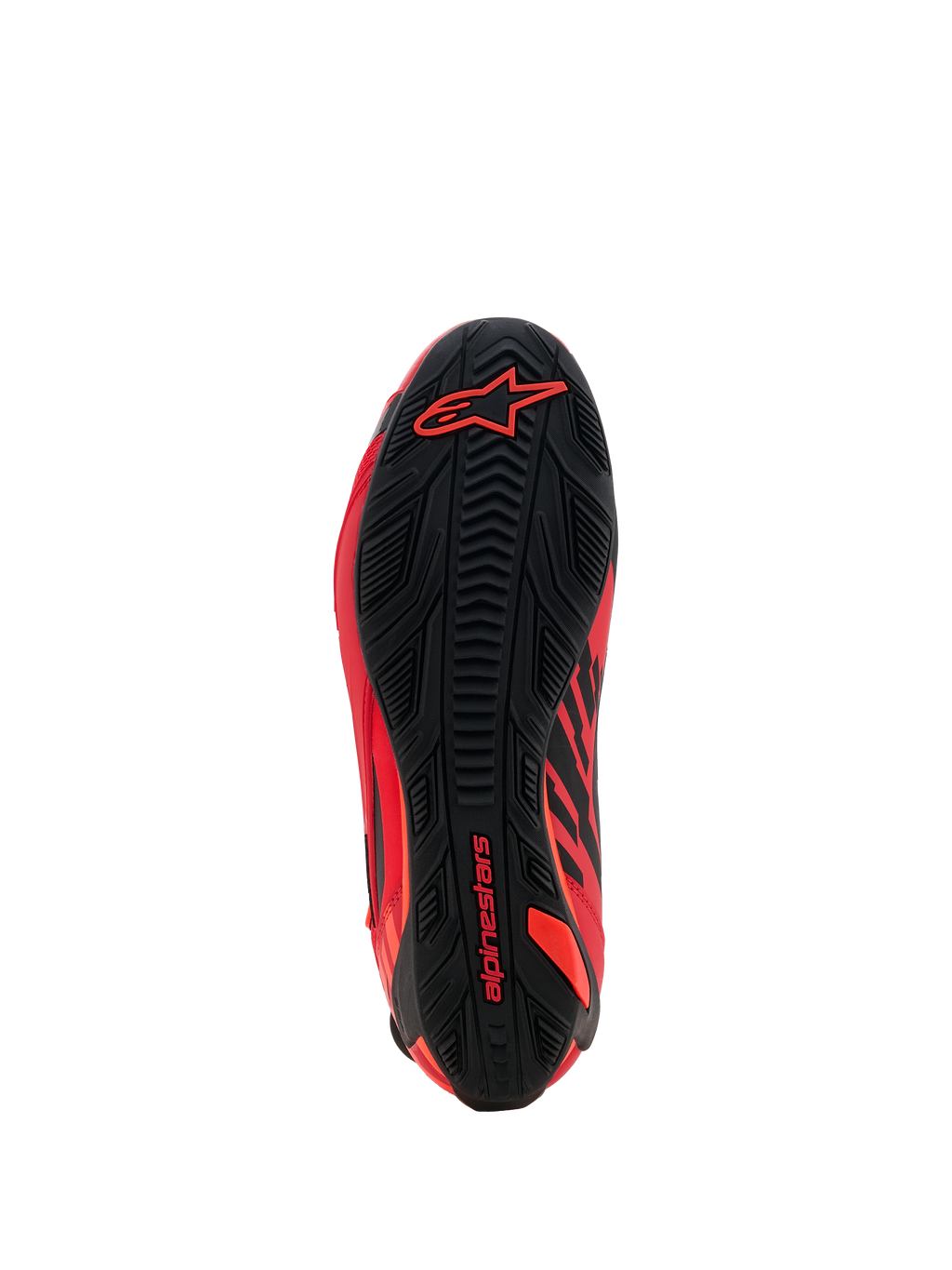 Sapatos Alpinestars MM93 Faster-4, sapatos de motociclismo, vermelho fluo, vermelho brilhante e preto, vista da sola inferior mostrando o padrão de aderência em borracha texturizada, com a marca Alpinestars em vermelho no calcanhar e na parte frontal, design de calçado desportivo e de competição de alta performance