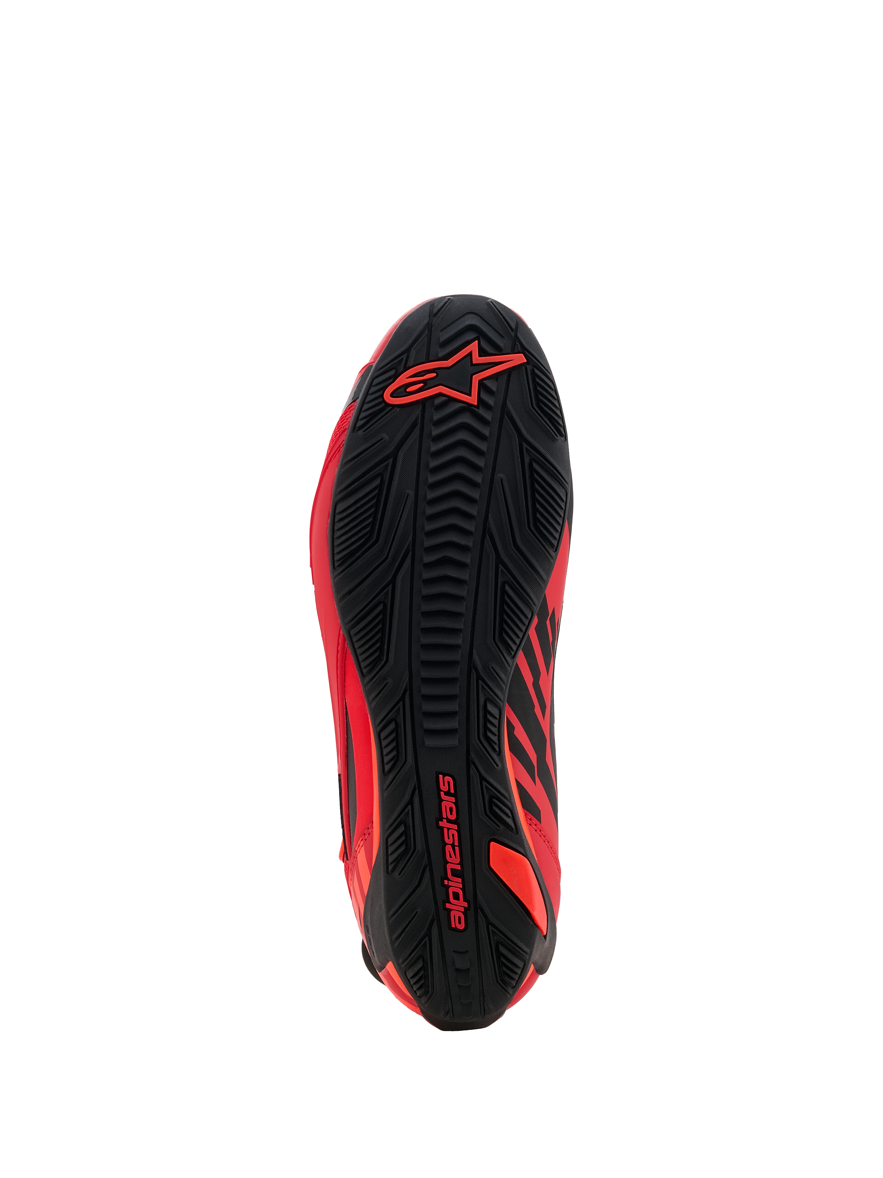 Sapatos Alpinestars MM93 Faster-4, sapatos de motociclismo, vermelho fluo, vermelho brilhante e preto, vista da sola inferior mostrando o padrão de aderência em borracha texturizada, com a marca Alpinestars em vermelho no calcanhar e na parte frontal, design de calçado desportivo e de competição de alta performance