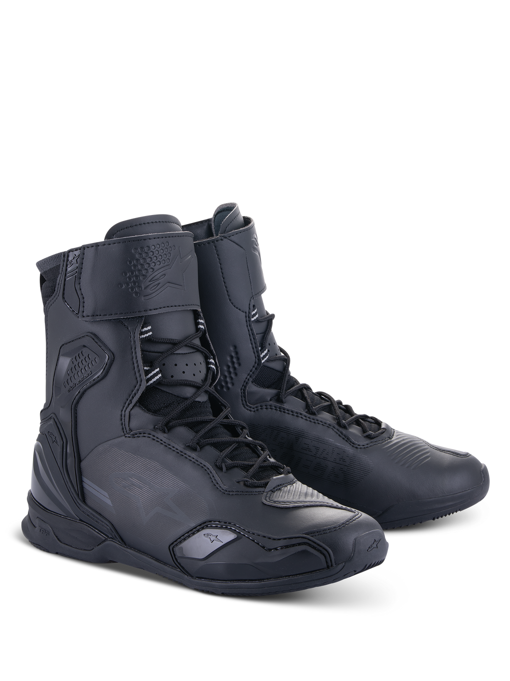 Alpinestars Superfaster Shoes, sapatos de motociclismo de cano alto, pretos, com sistema de atacadores rápidos, proteção reforçada no tornozelo e calcanhar, construção em microfibra para condução em estrada