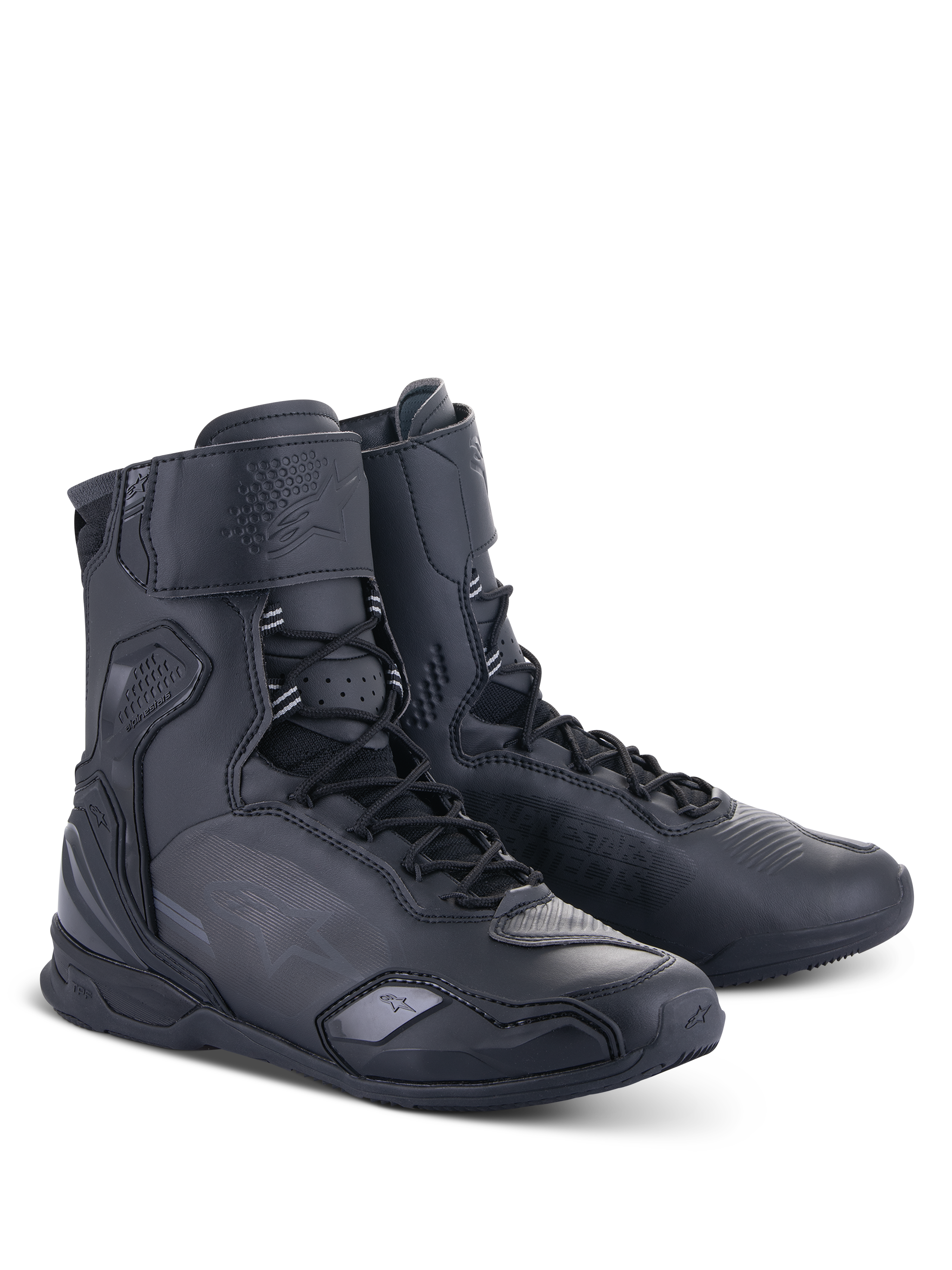Alpinestars Superfaster Shoes, sapatos de motociclismo de cano alto, pretos, com sistema de atacadores rápidos, proteção reforçada no tornozelo e calcanhar, construção em microfibra para condução em estrada