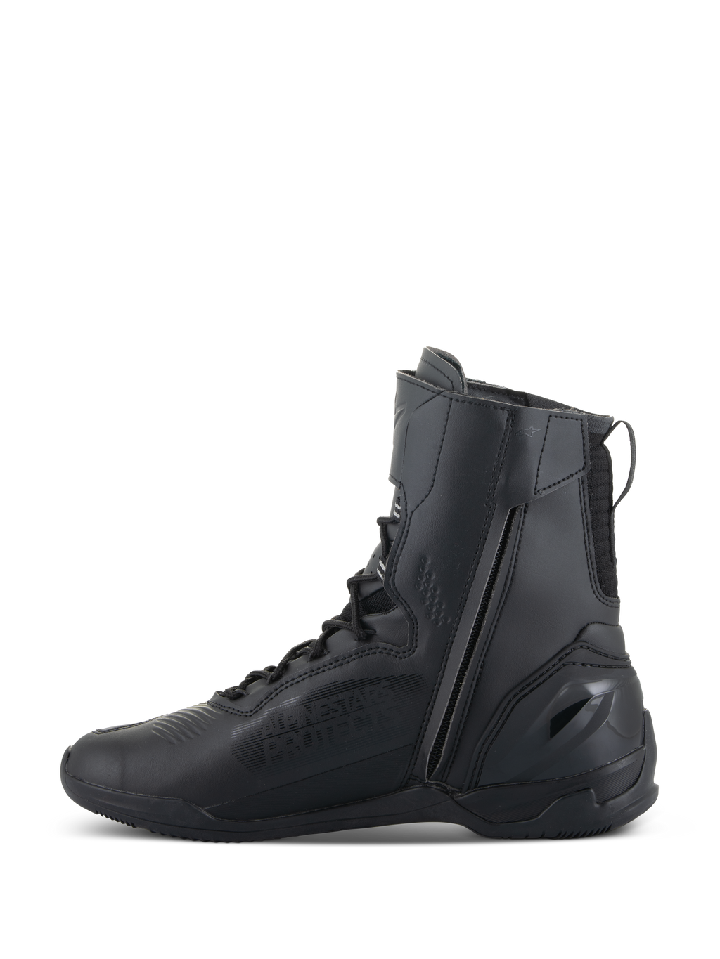 Alpinestars Superfaster Shoes, sapatos de motociclismo, pretos, perfil alto de 25 cm com fecho lateral interno longo e sistema de atacadores rápidos, design elegante em microfibra totalmente preta com calcanhar reforçado