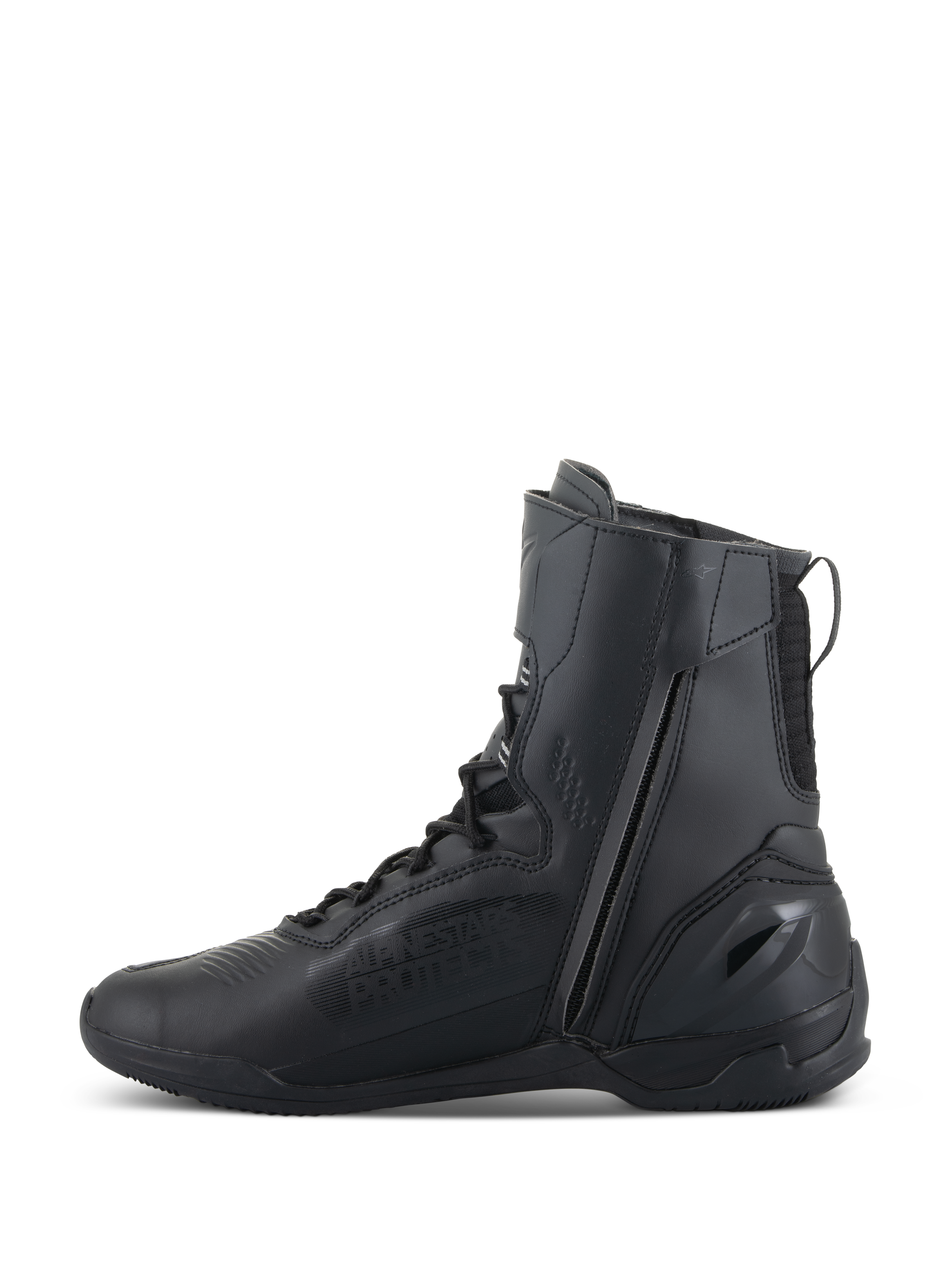 Alpinestars Superfaster Shoes, sapatos de motociclismo, pretos, perfil alto de 25 cm com fecho lateral interno longo e sistema de atacadores rápidos, design elegante em microfibra totalmente preta com calcanhar reforçado